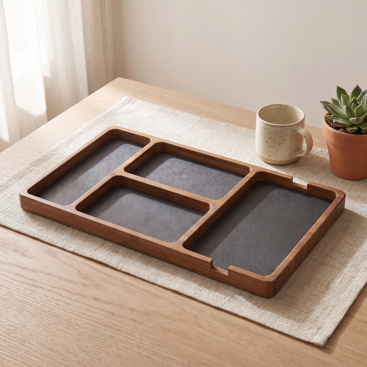 Sectioned Wood Desk Tray on a white oak desk with a ceramic mug and small plant