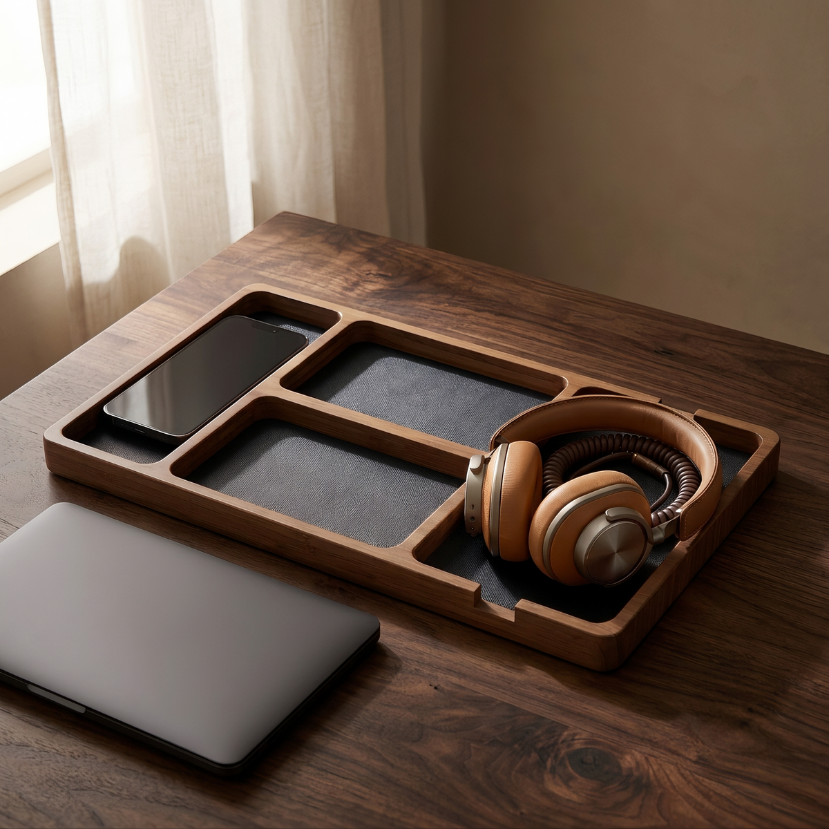 Sectioned Wood Desk Tray on a walnut desk beside a laptop