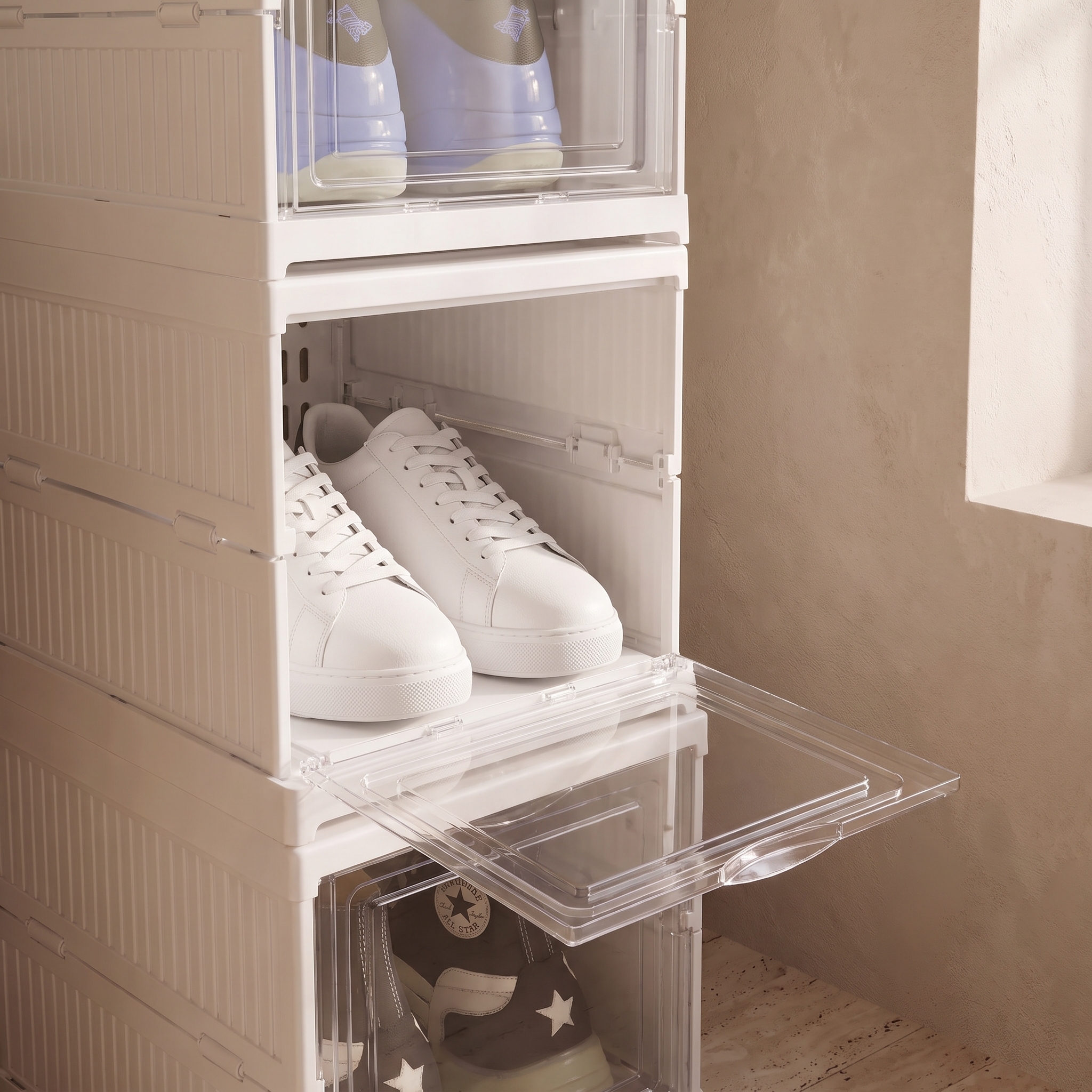 Stackable Plastic Shoe Storage Box, 3 Layers, close-up of middle compartment with shoes