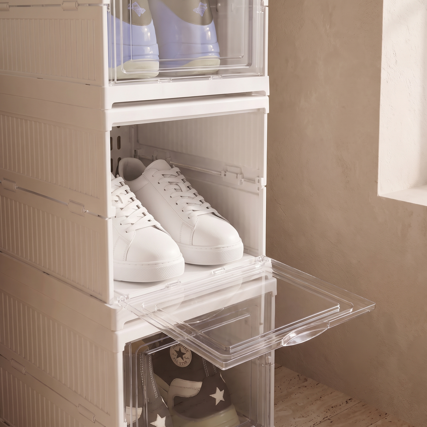 Stackable Plastic Shoe Storage Box, 3 Layers, close-up of middle compartment with shoes
