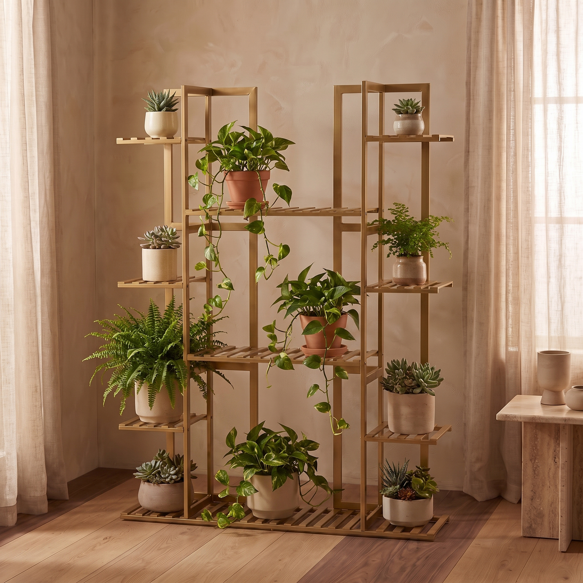 Multi-Tier Bamboo Plant Stand, living room corner with a full plant collection