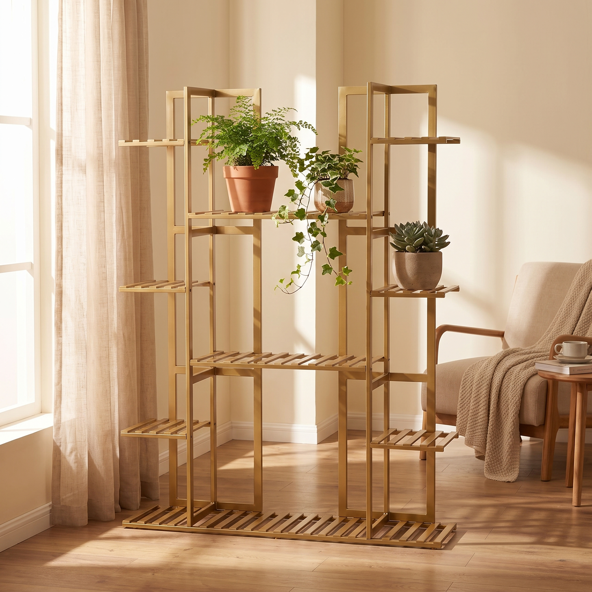 Multi-Tier Bamboo Plant Stand, sunny reading nook scene