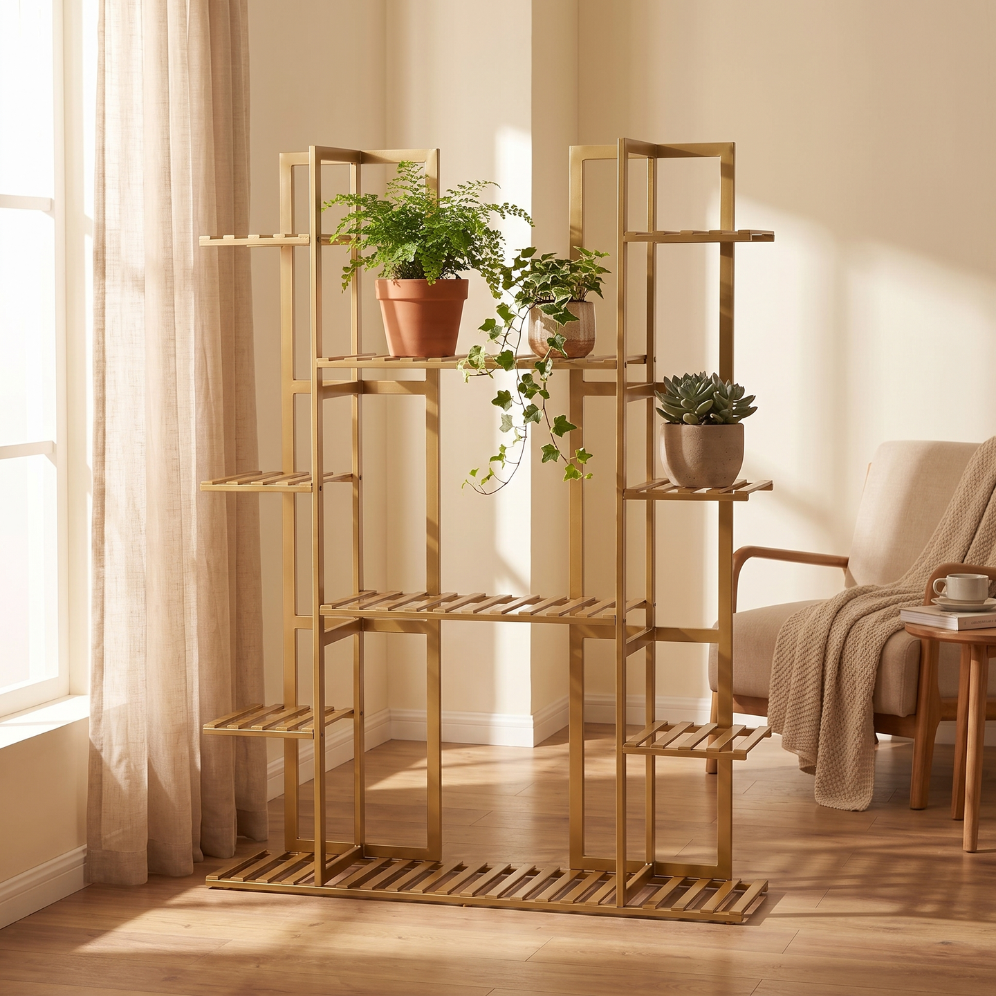 Multi-Tier Bamboo Plant Stand, sunny reading nook scene