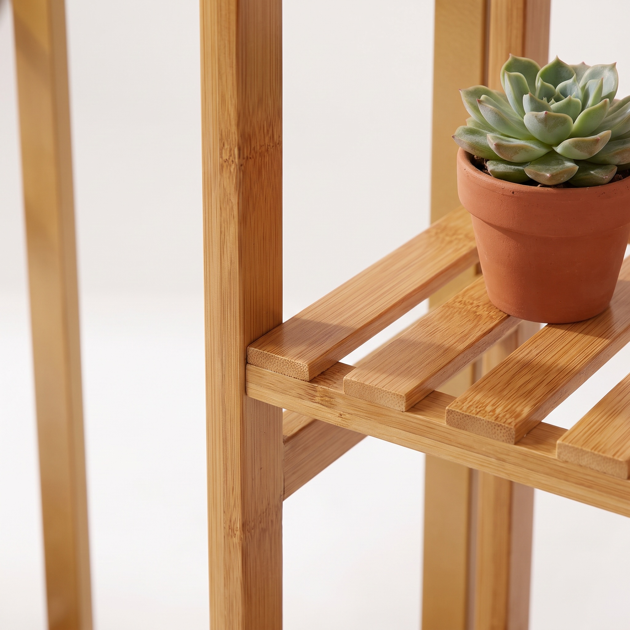 Multi-Tier Bamboo Plant Stand, close-up of tier joint with a succulent