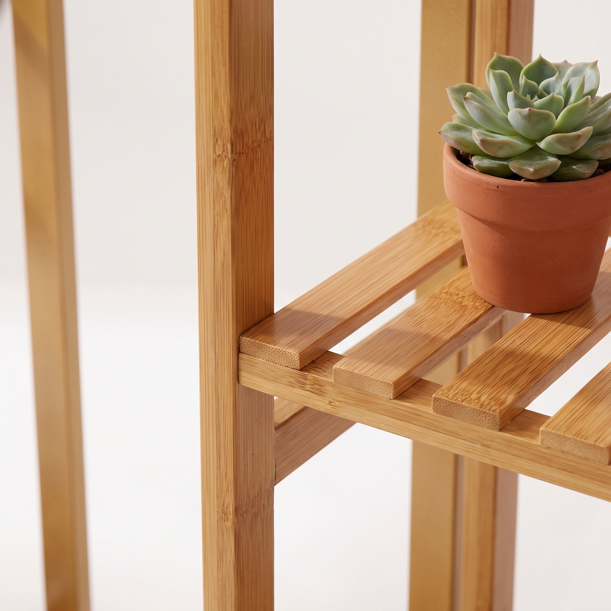 Multi-Tier Bamboo Plant Stand, close-up of tier joint with a succulent