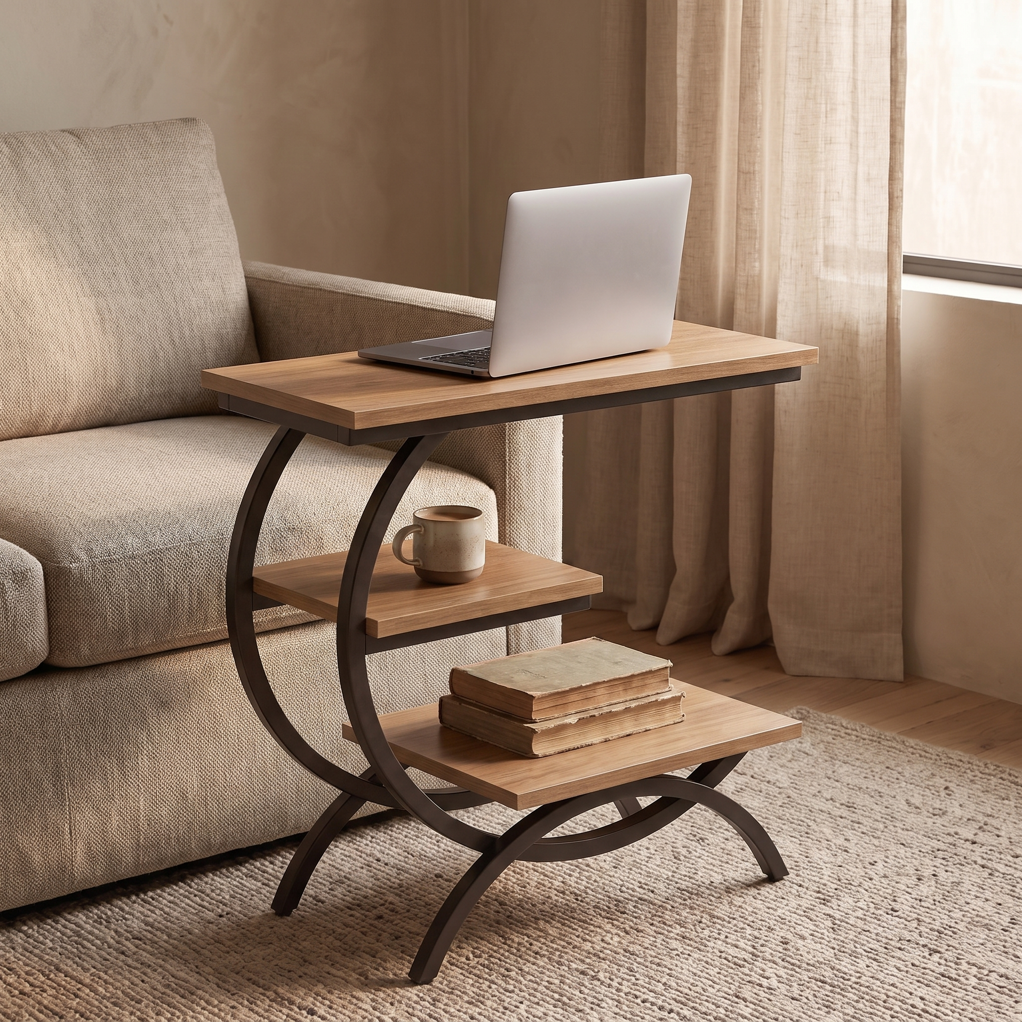 C-Shaped 3-Tier Metal End Table, Light Brown, in use beside a sofa with laptop, mug, and books