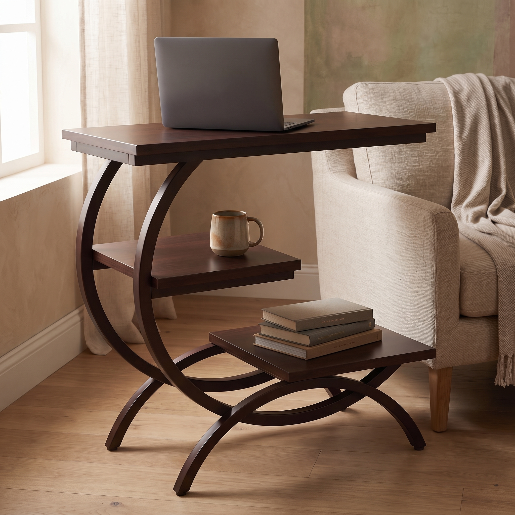 C-Shaped 3-Tier Metal End Table, Chocolate, in use beside a sofa with laptop, mug, and books