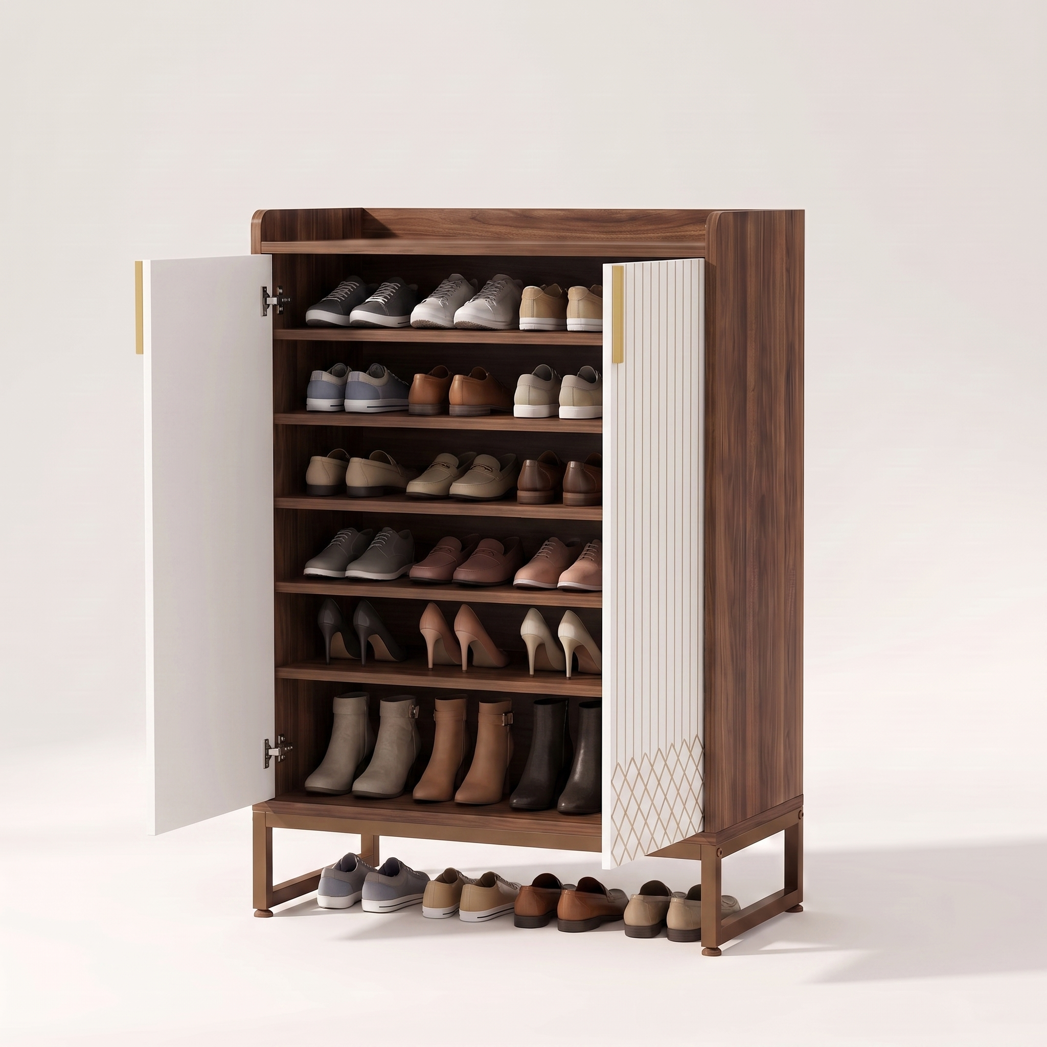 Enclosed 5-tier shoe cabinet, chocolate finish, doors open showing shoes stored on concealed shelves and open bottom shelf
