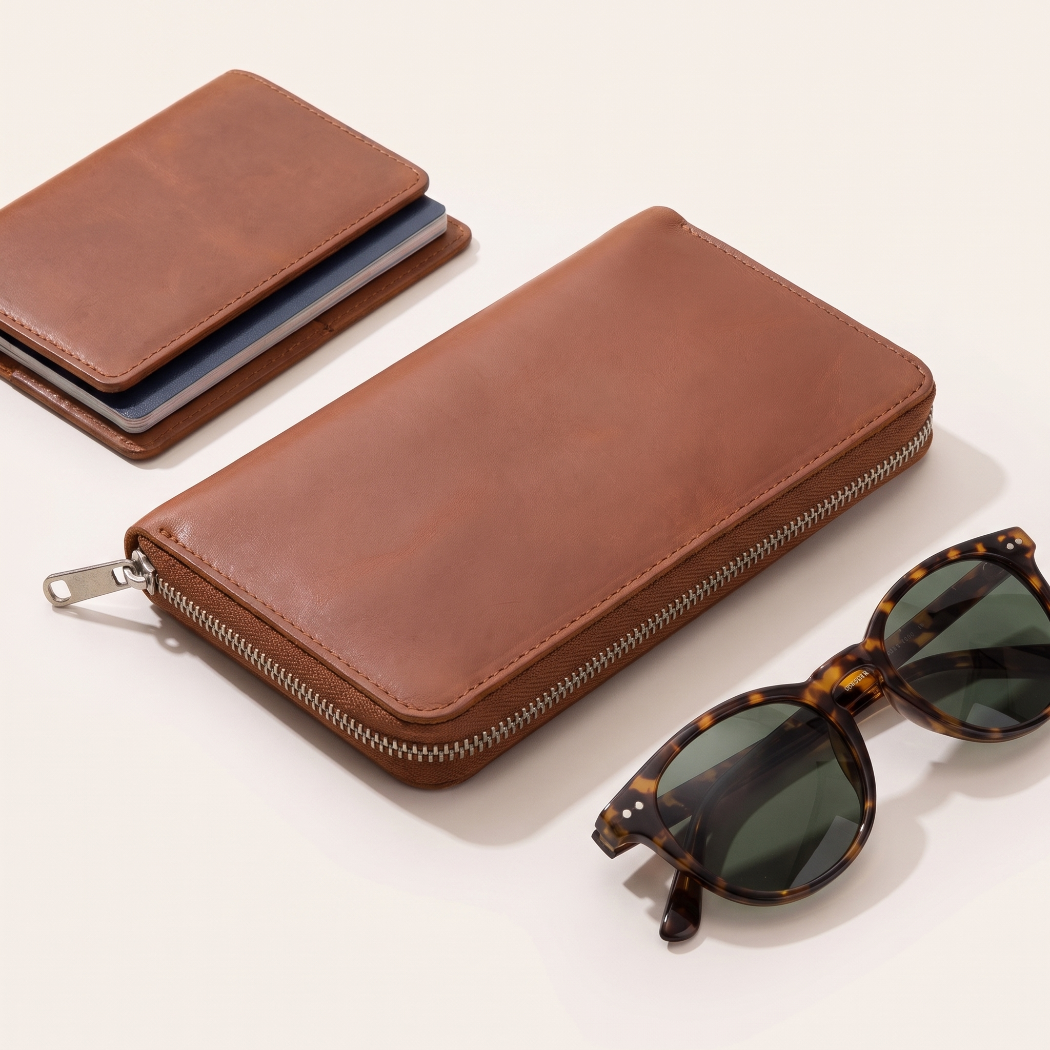 PU leather tech organizer case, brown finish, zipped closed in its folded travel form beside a passport and sunglasses