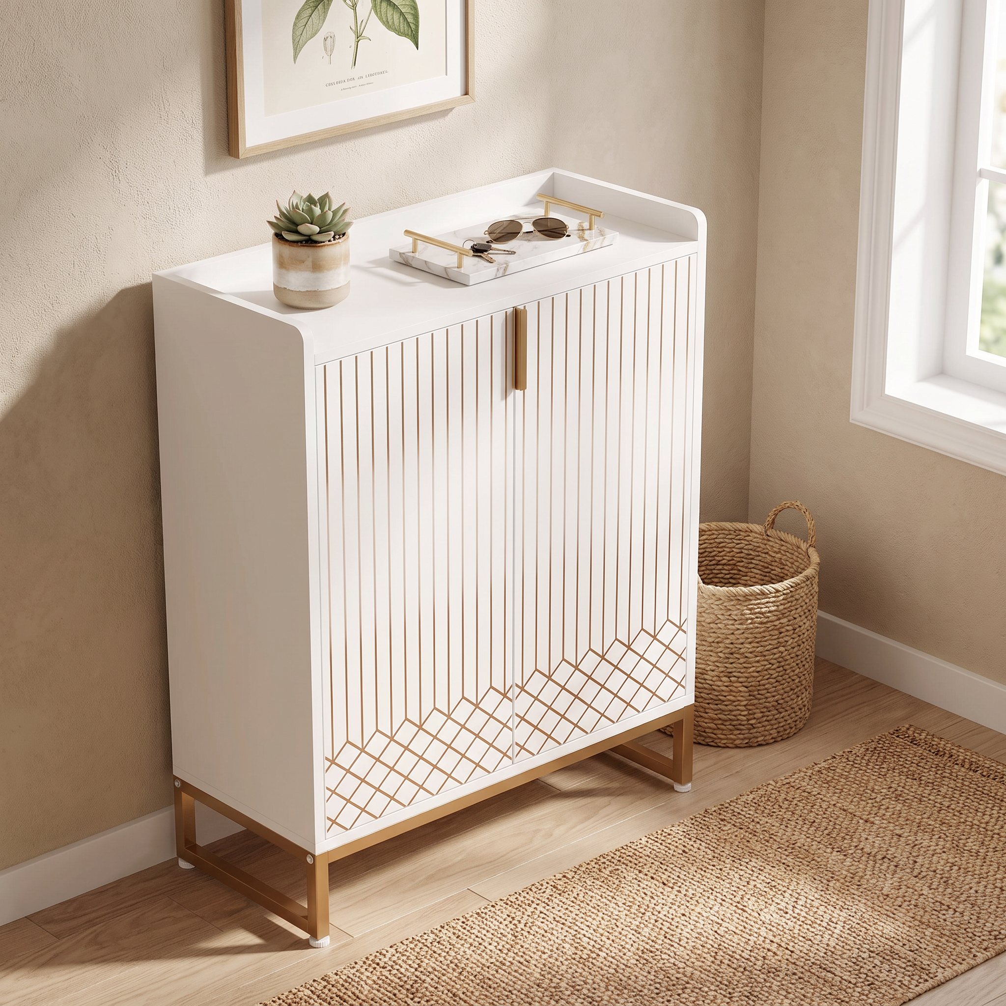 Enclosed 5-tier shoe cabinet, white finish, styled with a small plant and decorative tray on top surface