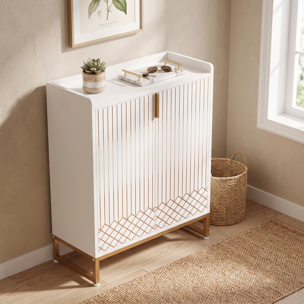 Enclosed 5-tier shoe cabinet, white finish, styled with a small plant and decorative tray on top surface