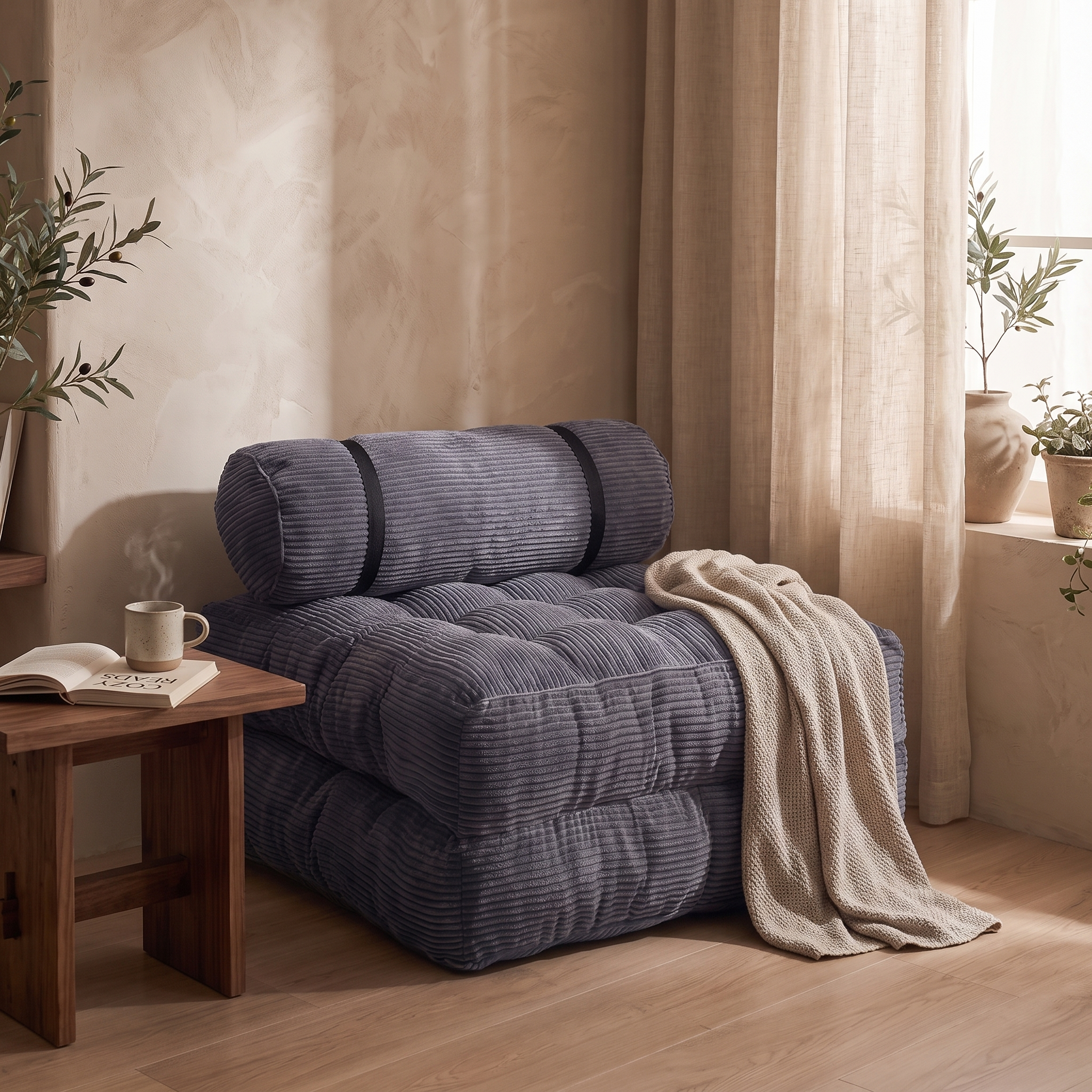 Compact corded fabric chair bed folded into its compact seating form, styled in a reading-nook scene