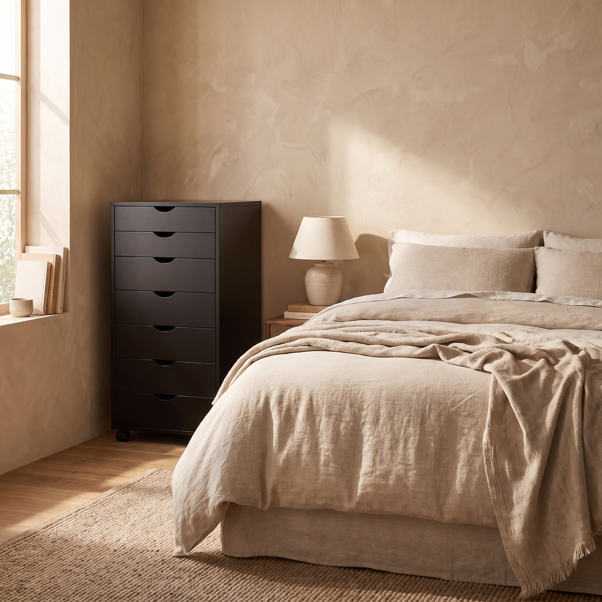 Rolling 7-drawer storage cabinet in black finish, styled in a warm bedroom scene