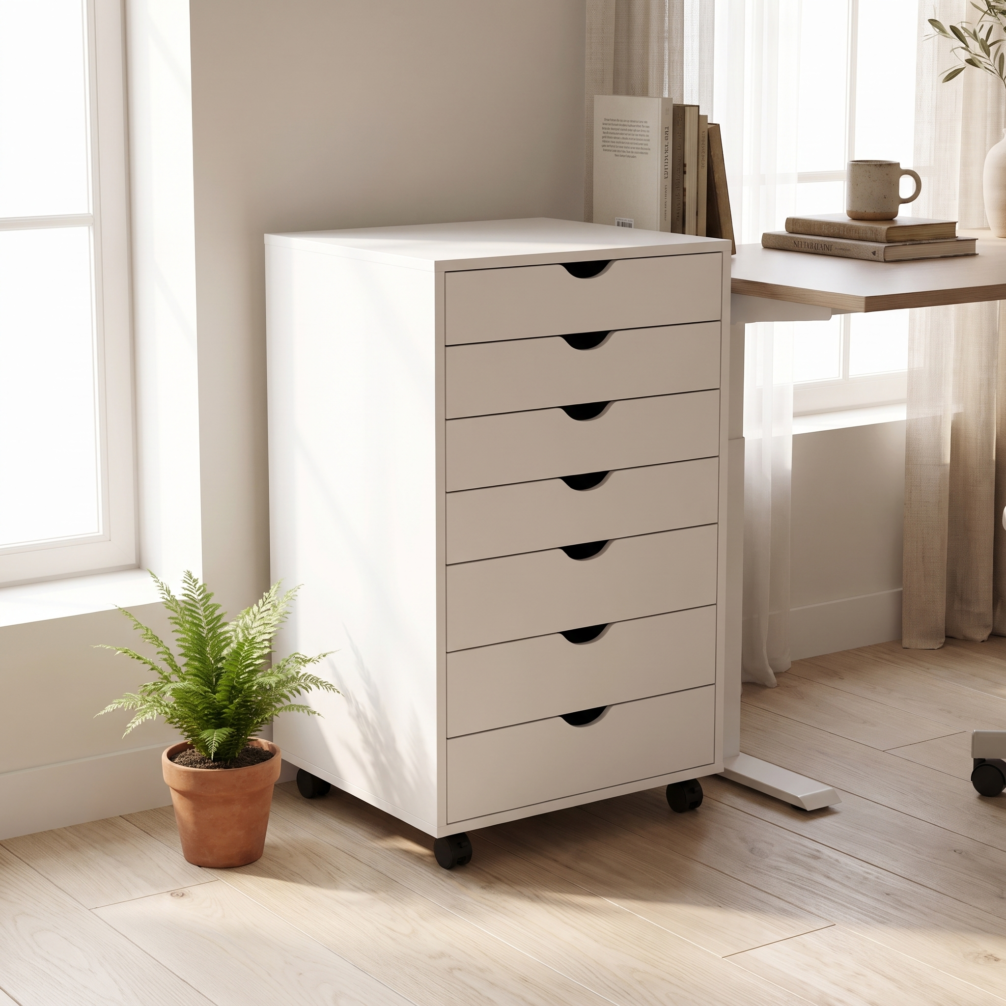 Rolling 7-drawer storage cabinet in white finish, styled in a bright home-office scene