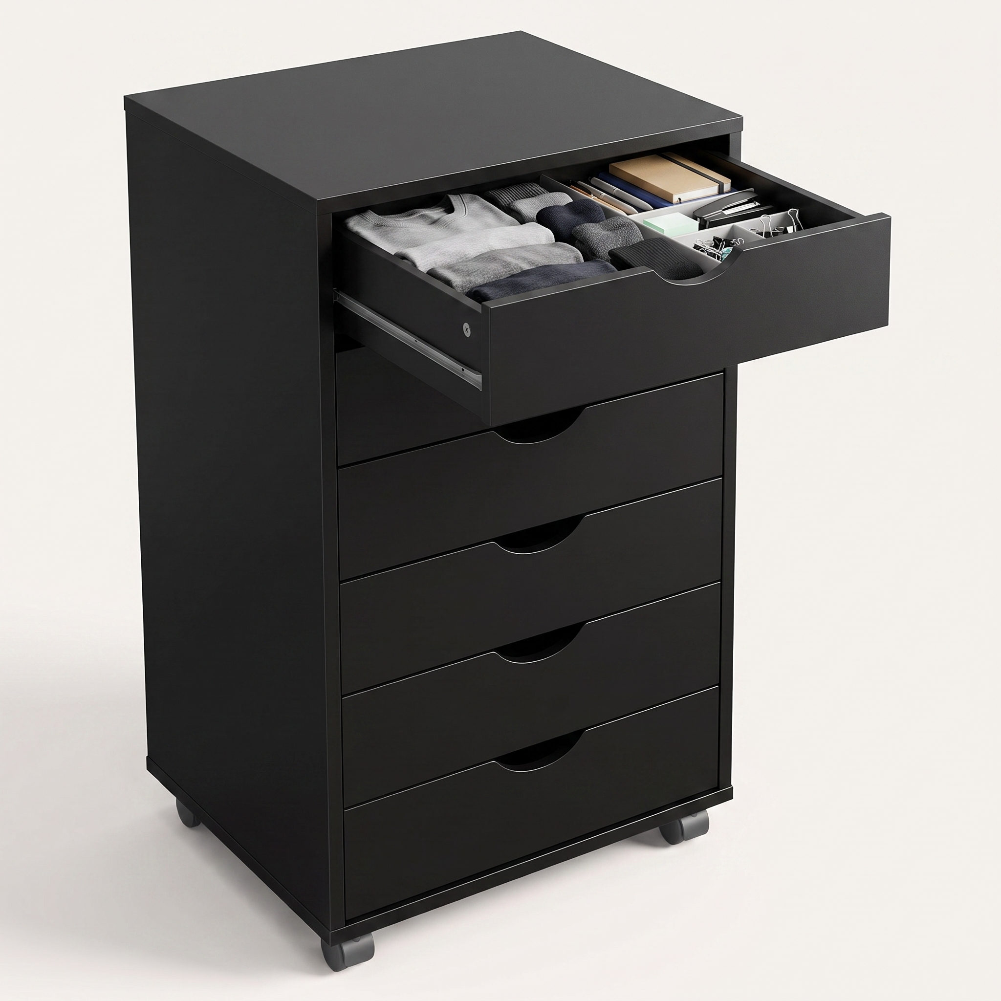 Rolling 7-drawer storage cabinet in black finish, top drawer open showing folded clothing and office supplies inside