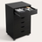 Rolling 7-drawer storage cabinet in black finish, top drawer open showing folded clothing and office supplies inside