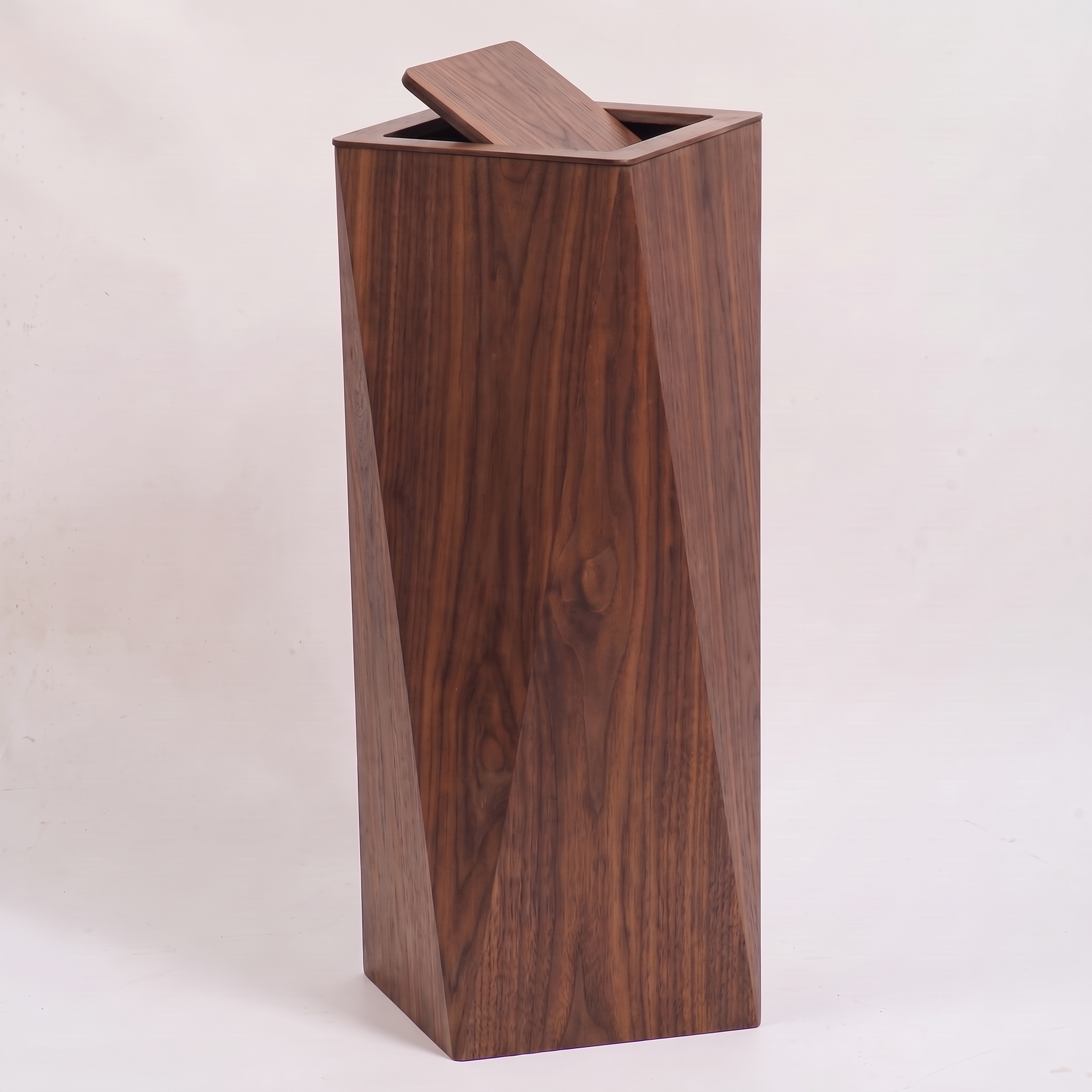 Tapered square waste bin, Large, walnut finish, studio packshot on off-white background