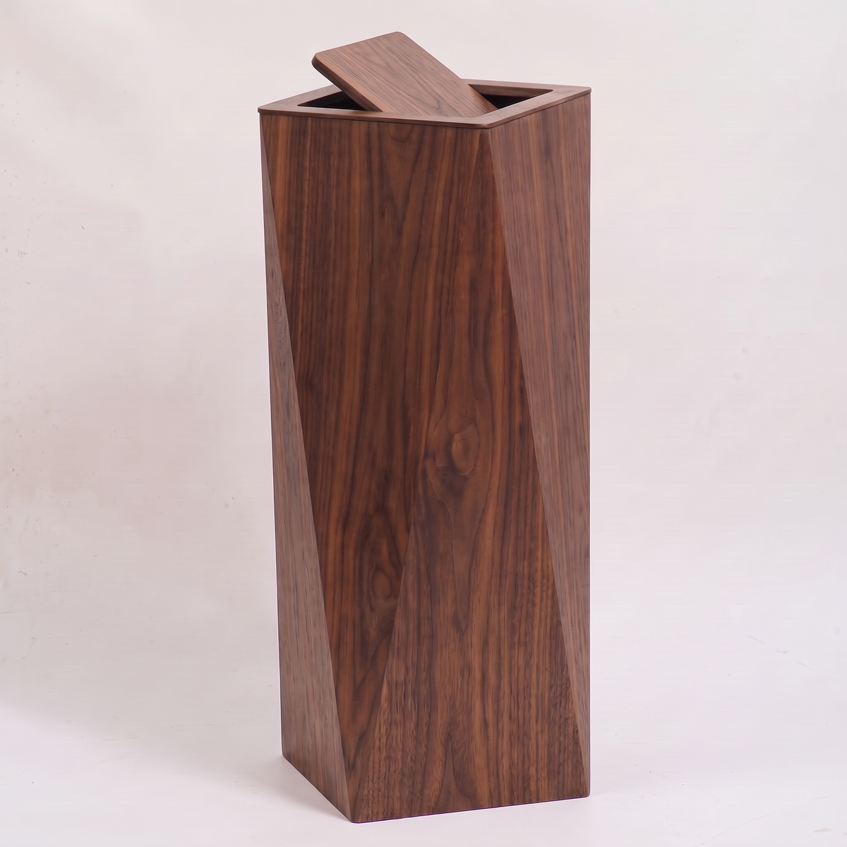 Tapered square waste bin, Large, walnut finish, studio packshot on off-white background