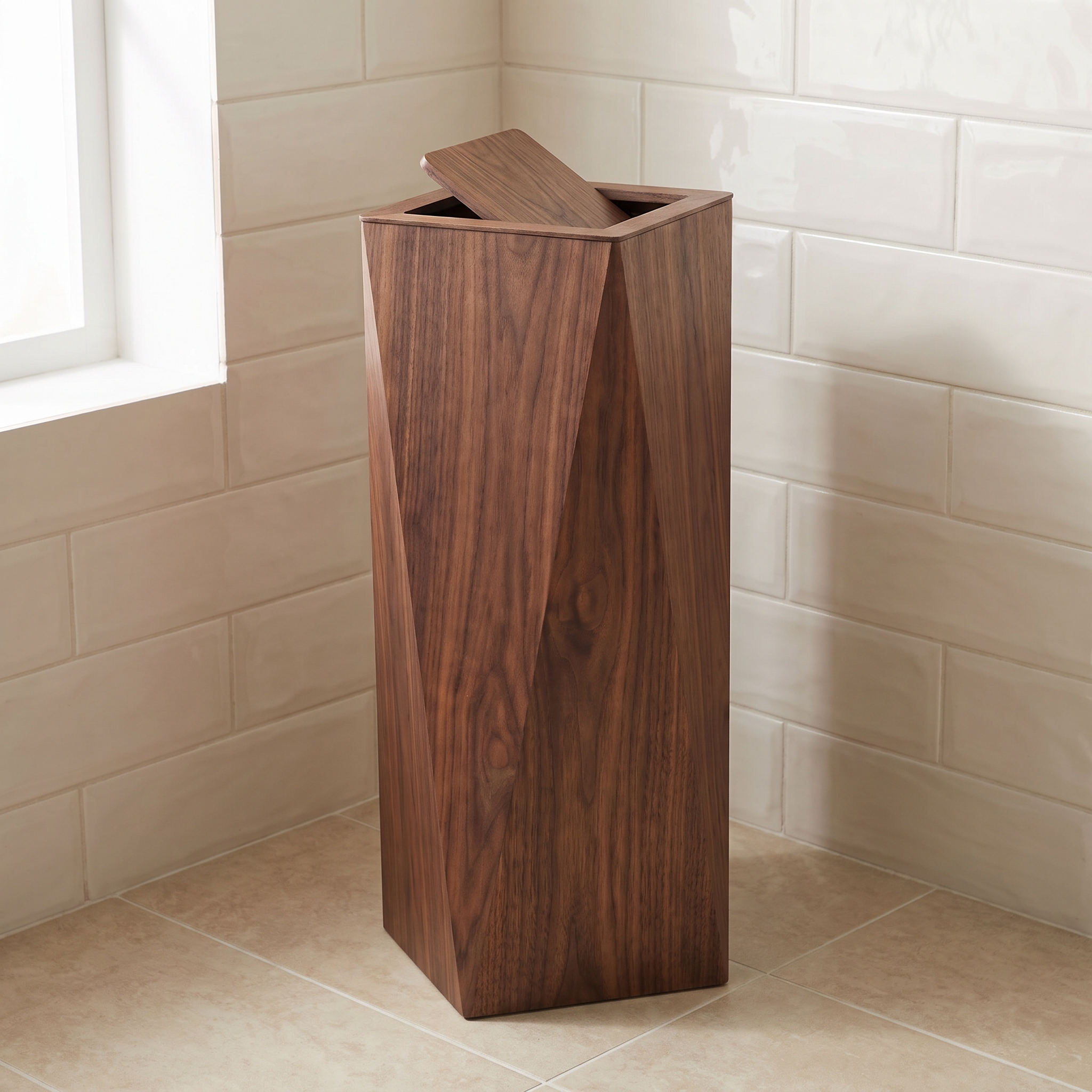 Tapered waste bin standing in a tiled bathroom corner, walnut finish