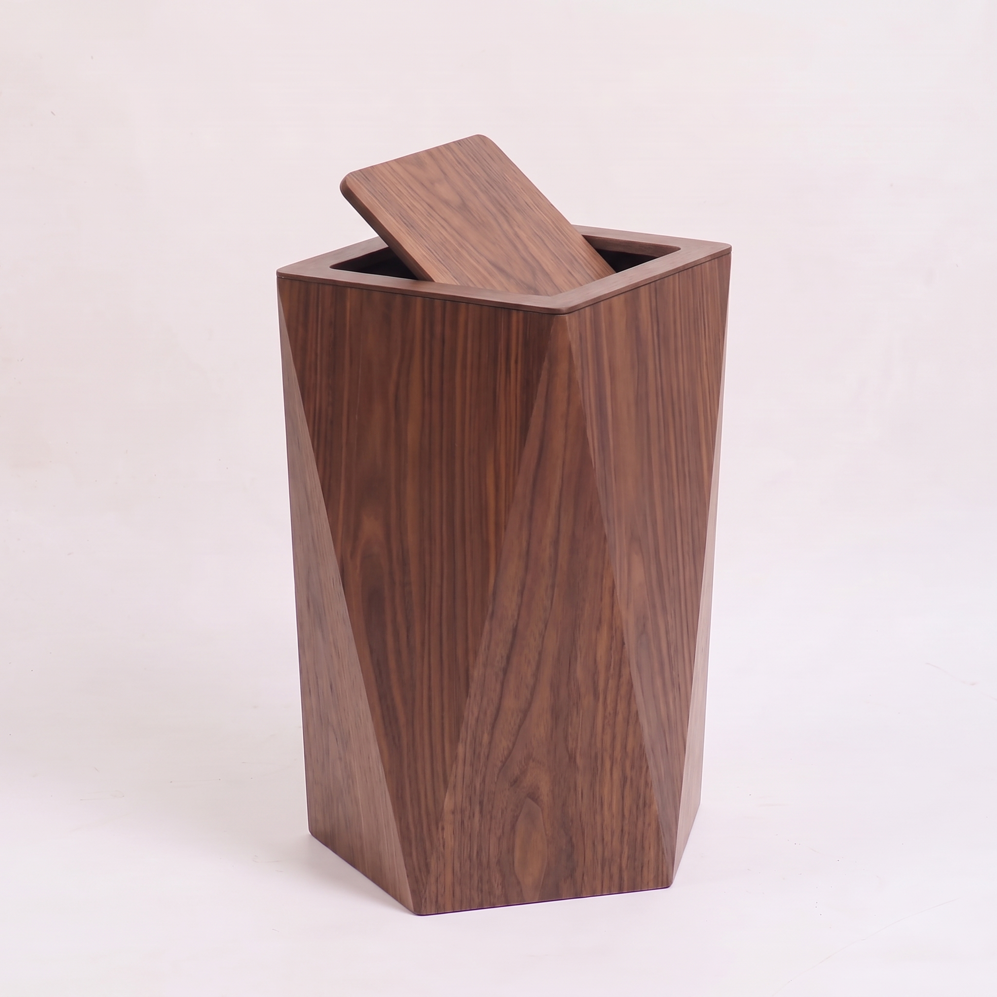 Tapered square waste bin, Small, walnut finish, studio packshot on off-white background