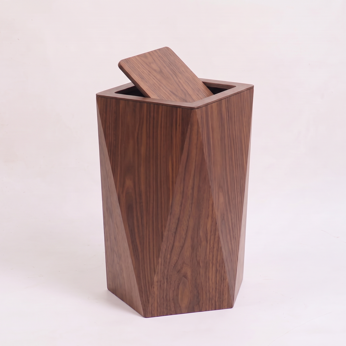 Tapered square waste bin, Small, walnut finish, studio packshot on off-white background