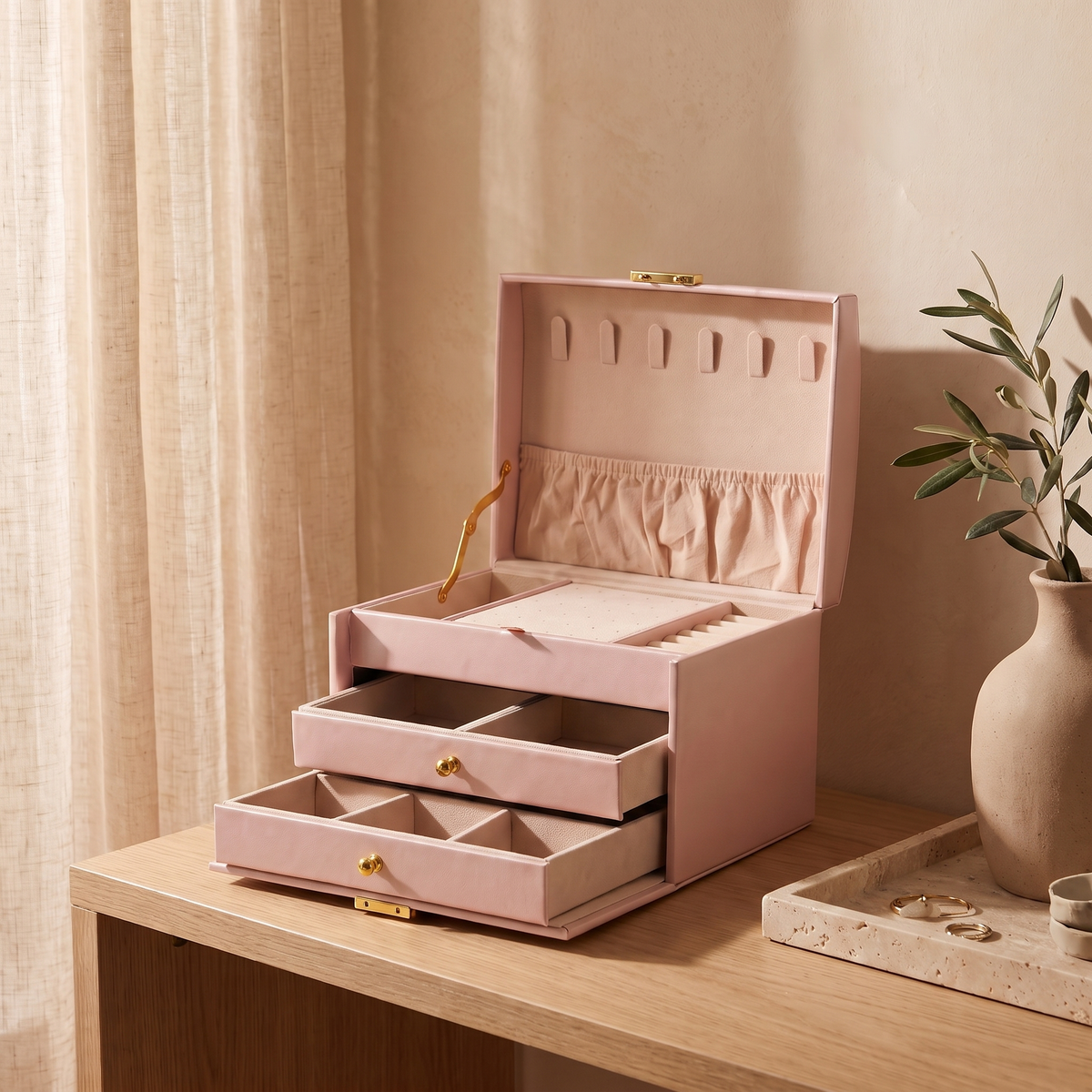 pink finish, styled in a room scene