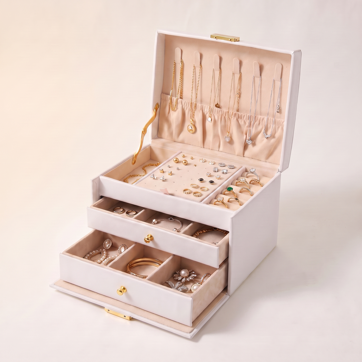 white finish, lid open showing three sorting layers with corrected drawer pulls