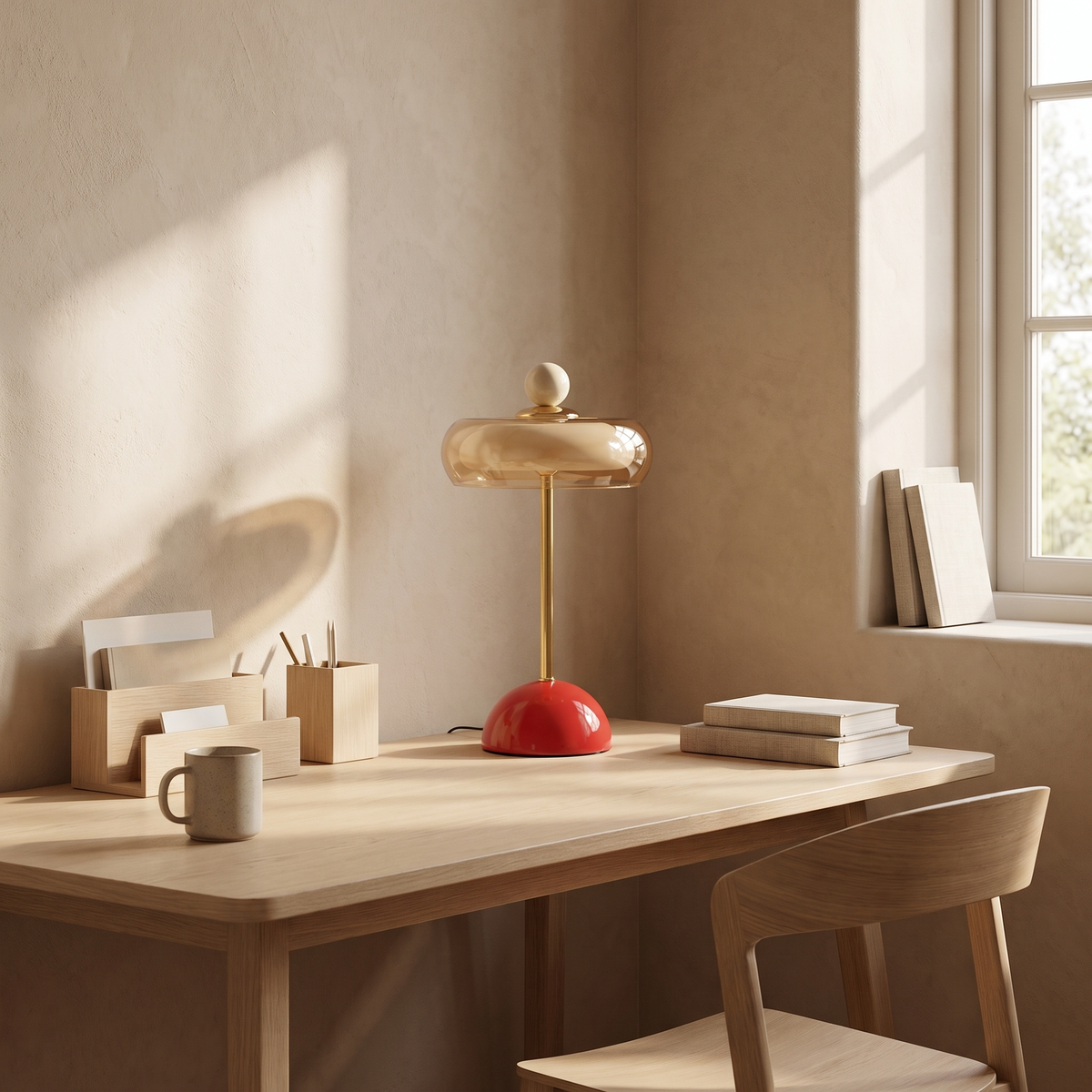 Lacquered Glass Ring Table Lamp — Red — desk scene, daytime