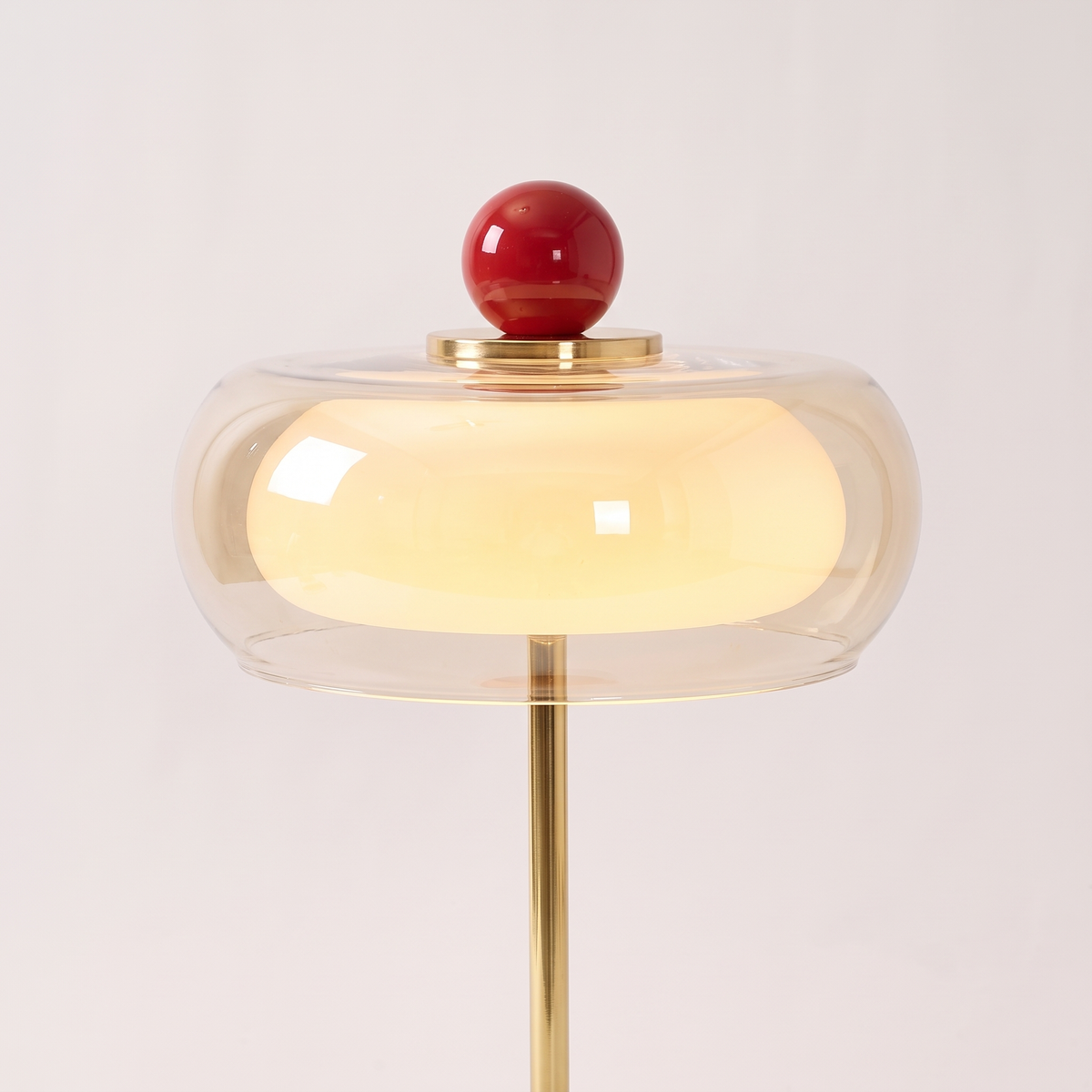 Lacquered Glass Ring Table Lamp — Red — detail, lit dome