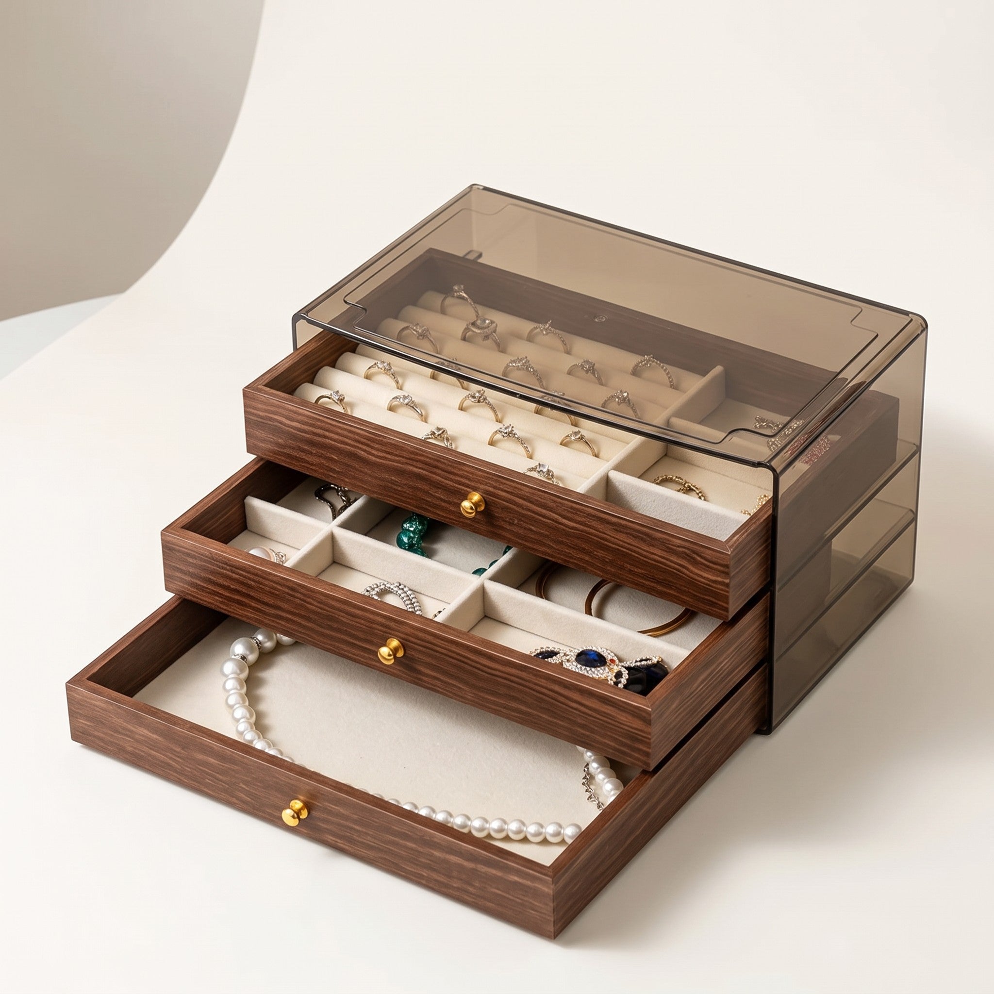 Warm Wood-Grain Tiered Jewelry Box with all three drawers pulled part way open, showing the soft lining inside each.