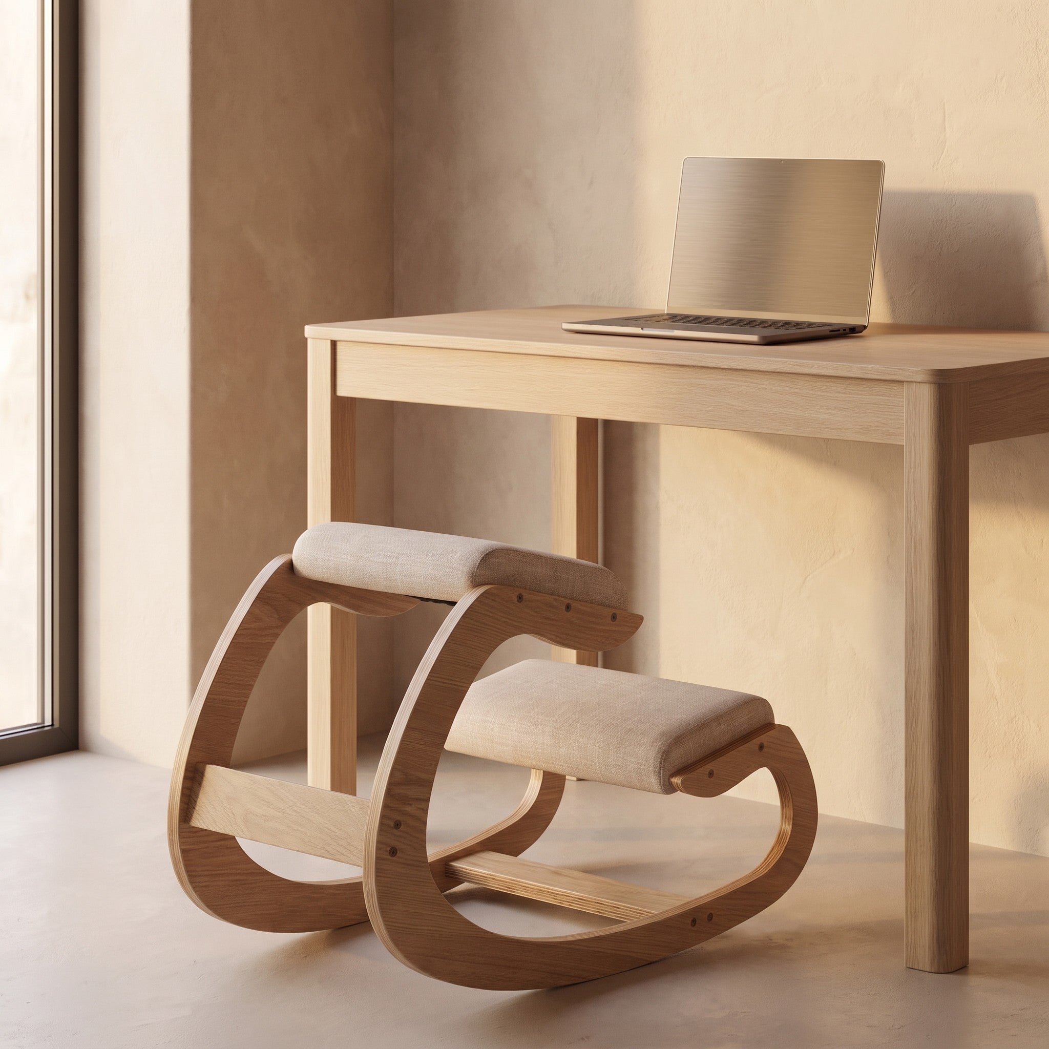 Ergonomic Rocking Kneeling Chair pulled up to a white oak desk at working height beside a warm plaster wall.
