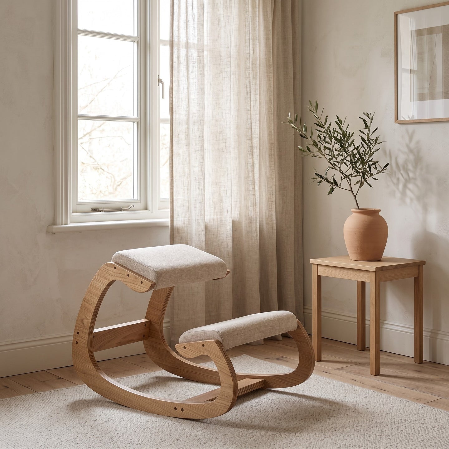 Ergonomic Rocking Kneeling Chair standing by a window in a quiet reading corner with a ceramic pot and olive branch.
