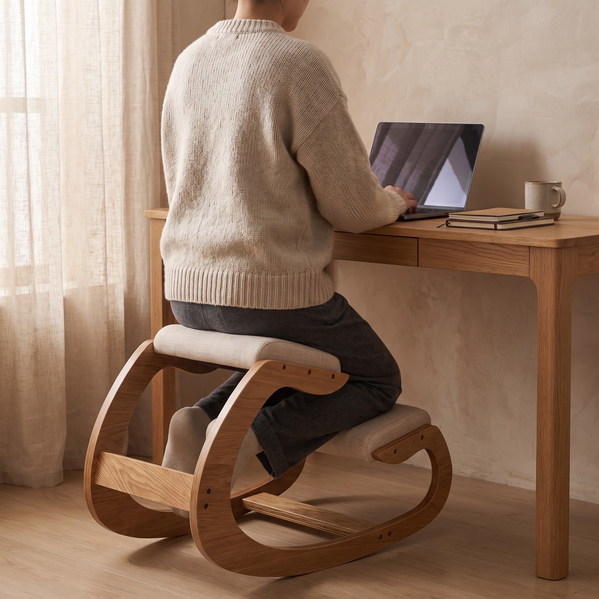 Person working at a desk while seated on the Ergonomic Rocking Kneeling Chair, seen from behind in a daylit room.