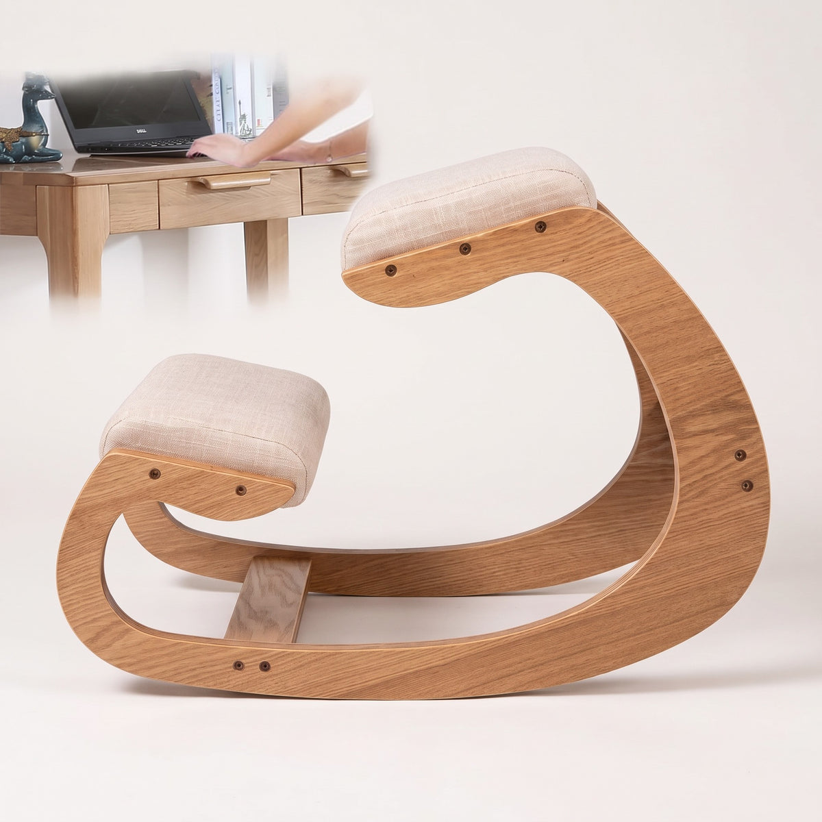 Ergonomic Rocking Kneeling Chair seen square from the side, showing the full curve of the bentwood frame and its rocker runners.