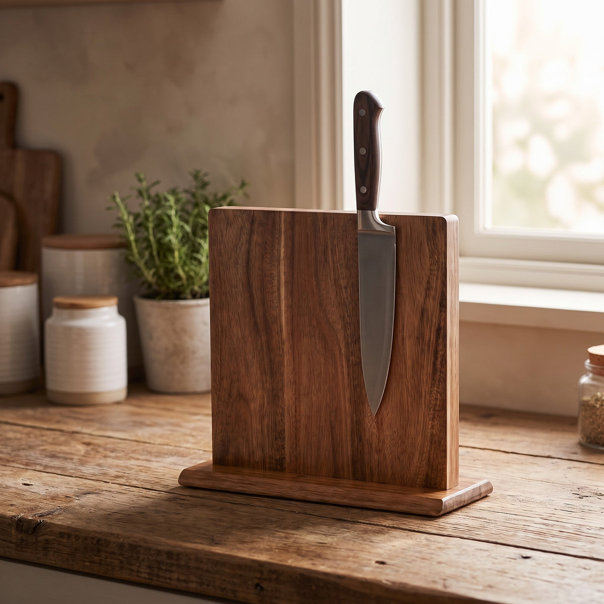Magnetic wood knife block with a knife attached