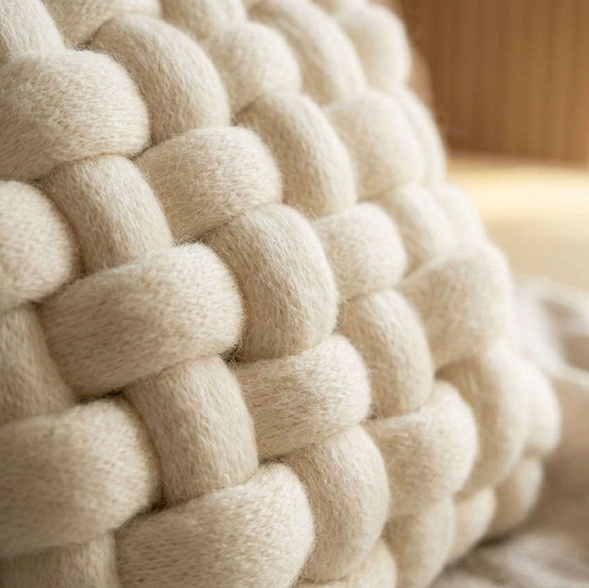 Close-up of a braided beige blanket with a soft texture.