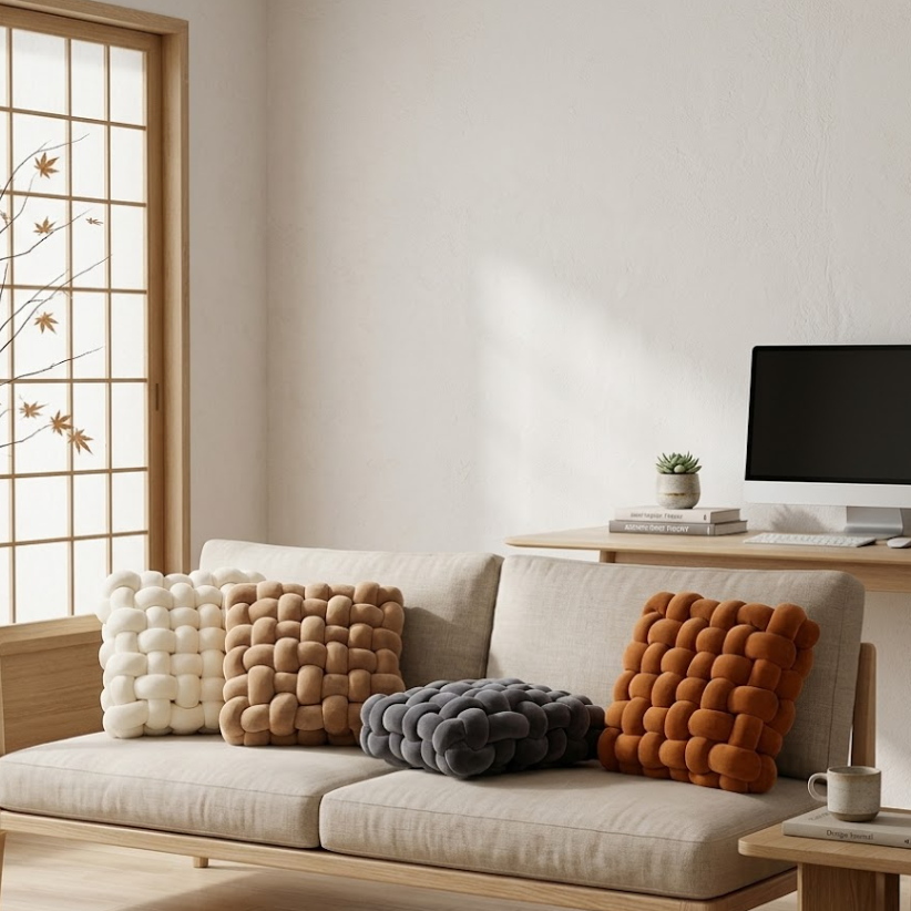 Beige sofa with decorative pillows in a modern living room setting.