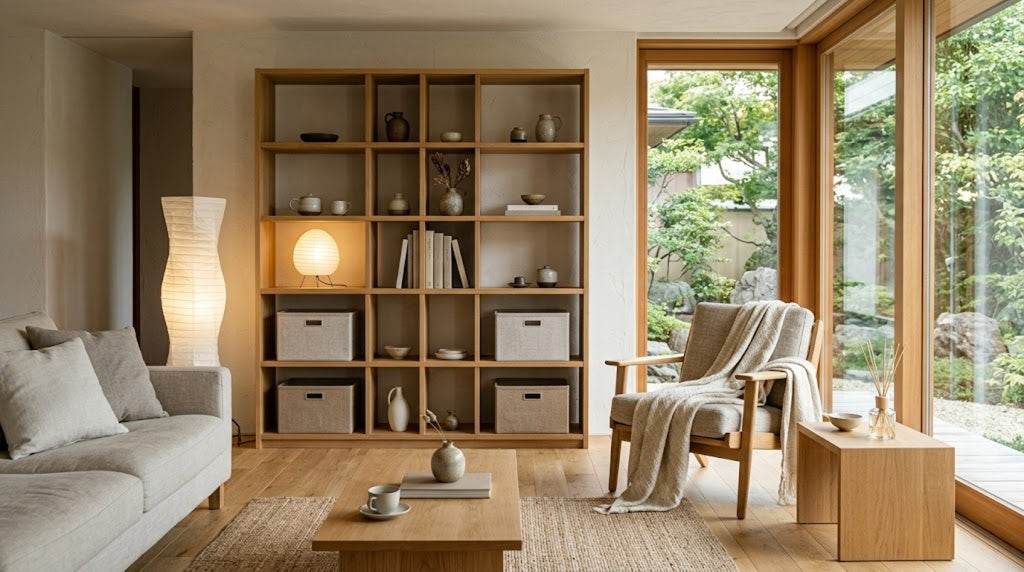 Modern living room with wooden bookshelf, sofa, and armchair.
