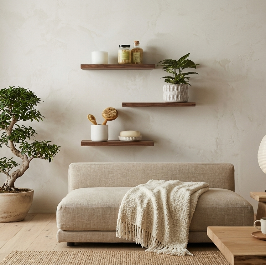 Modern living room with beige sofa, wooden coffee table, and decorative shelves.