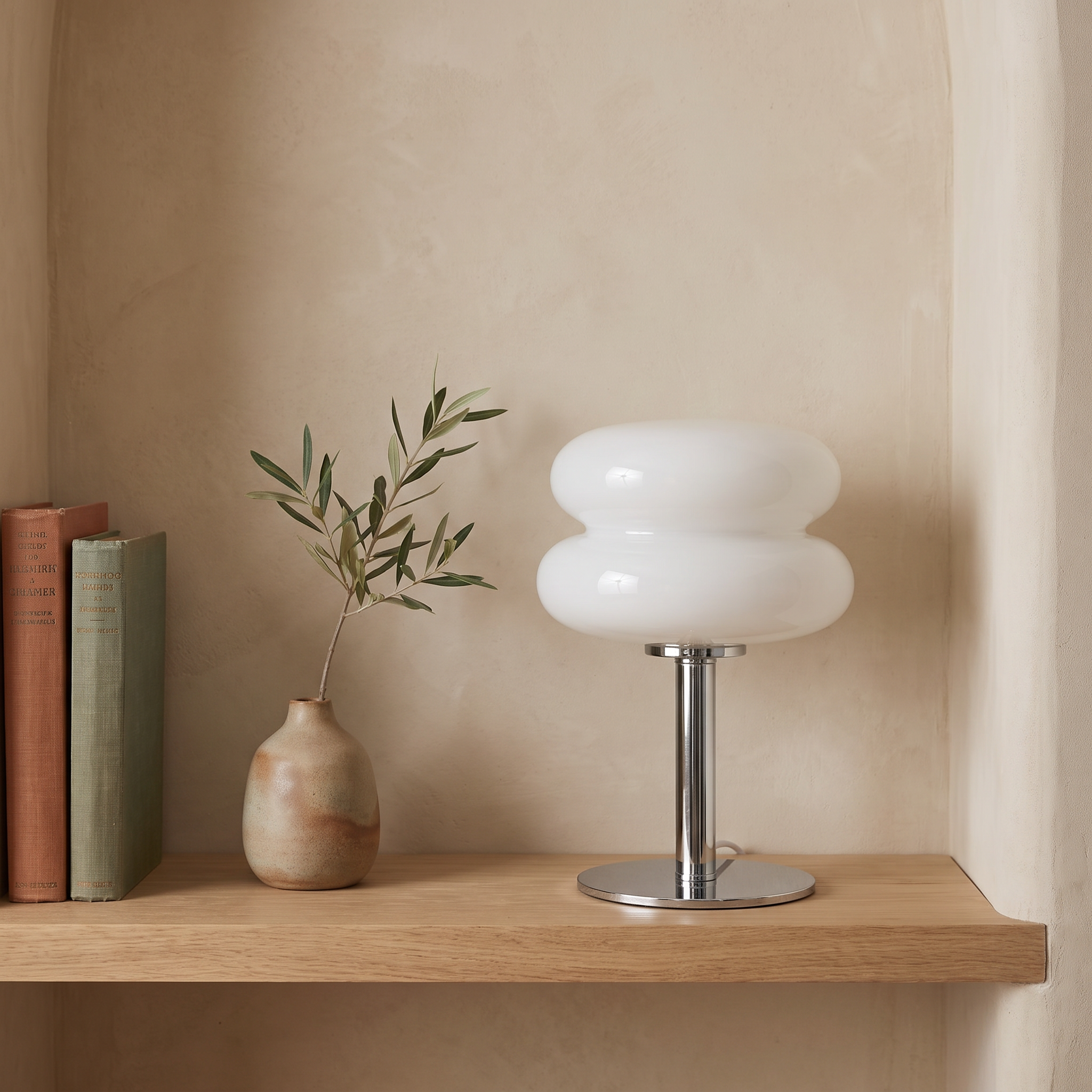 White Macaron Glass Table Lamp switched off on a white oak shelf in daylight, beside two books and a ceramic vase.