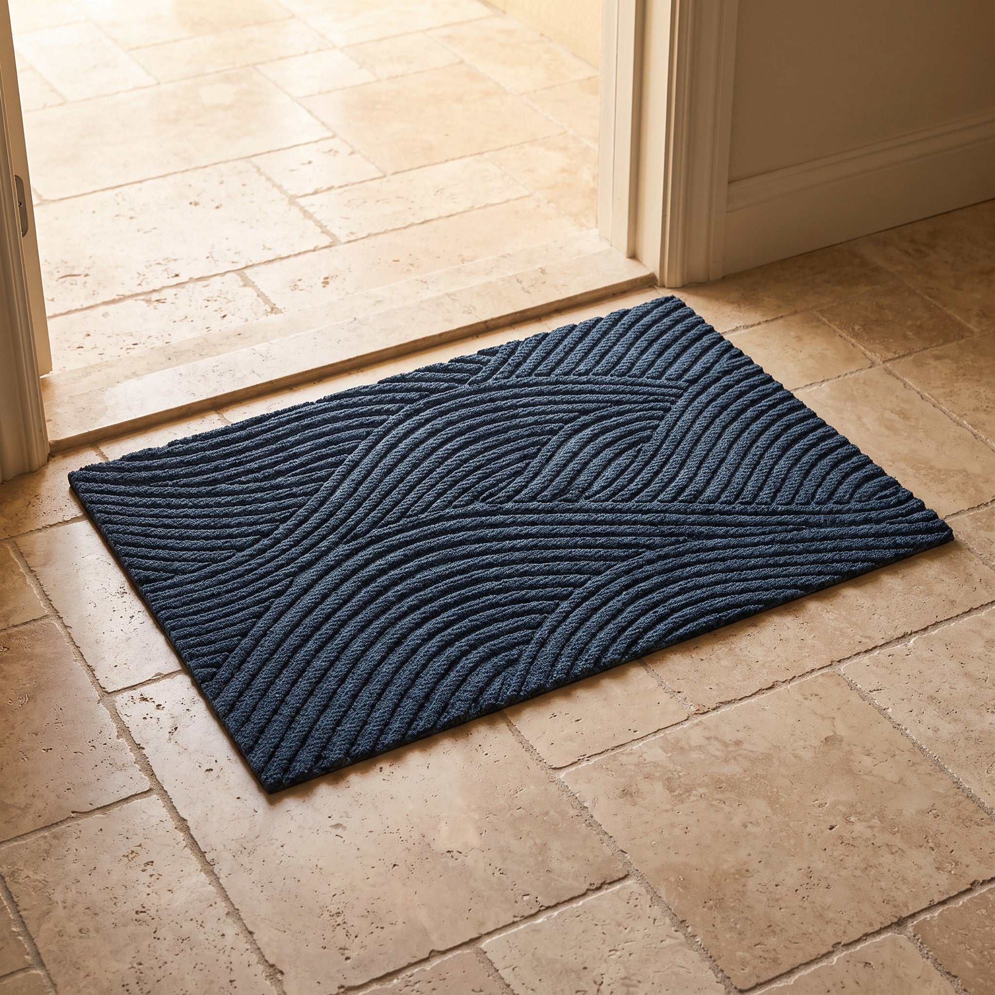 Blue entry mat styled near a doorway with travertine tile