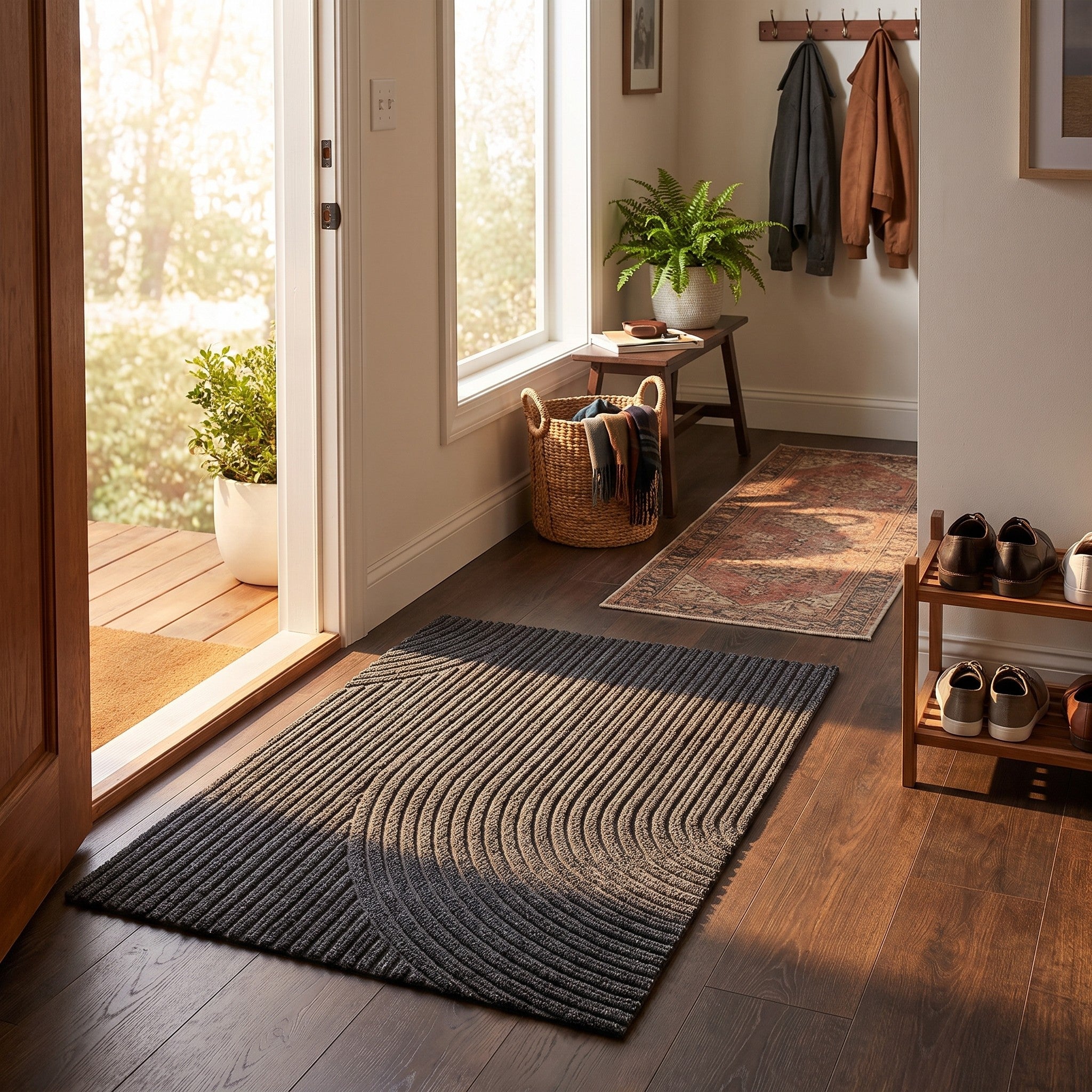 Grey entry mat placed at a home entryway threshold