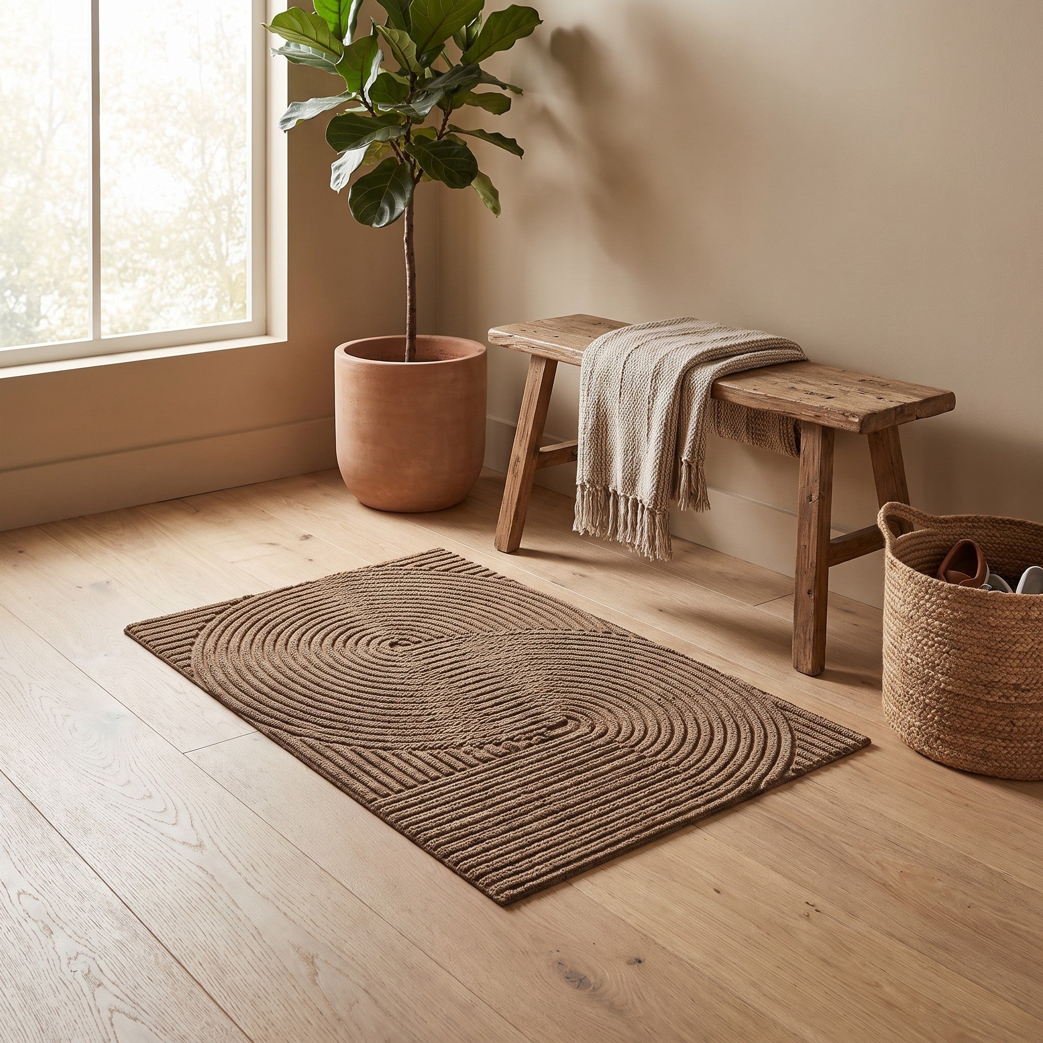 Khaki entry mat styled in a warm entryway scene