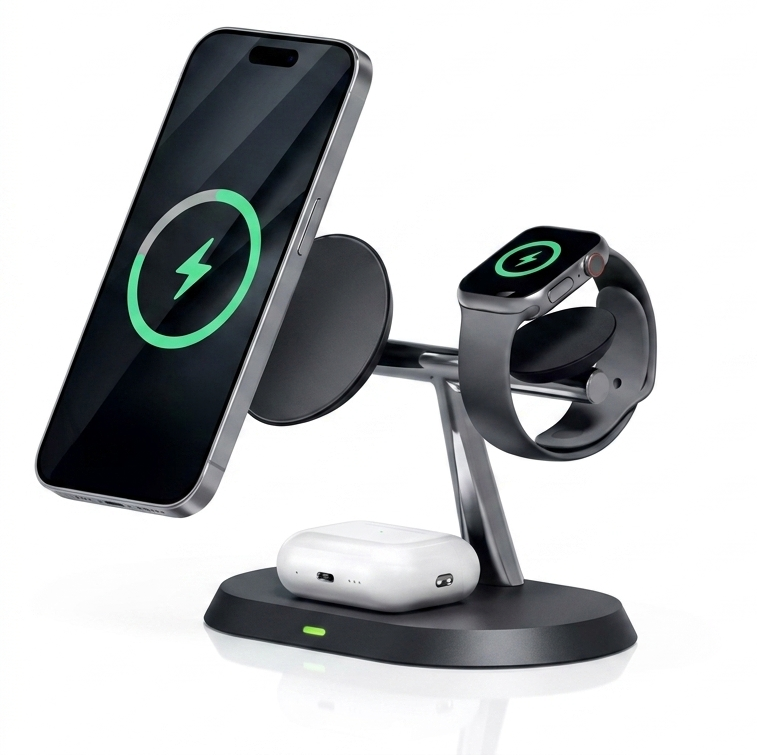 Multi-device charging stand with smartphone, smartwatch, and wireless earbuds on a white background