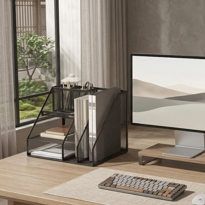 Modern office desk setup with a computer monitor, keyboard, and office supplies.