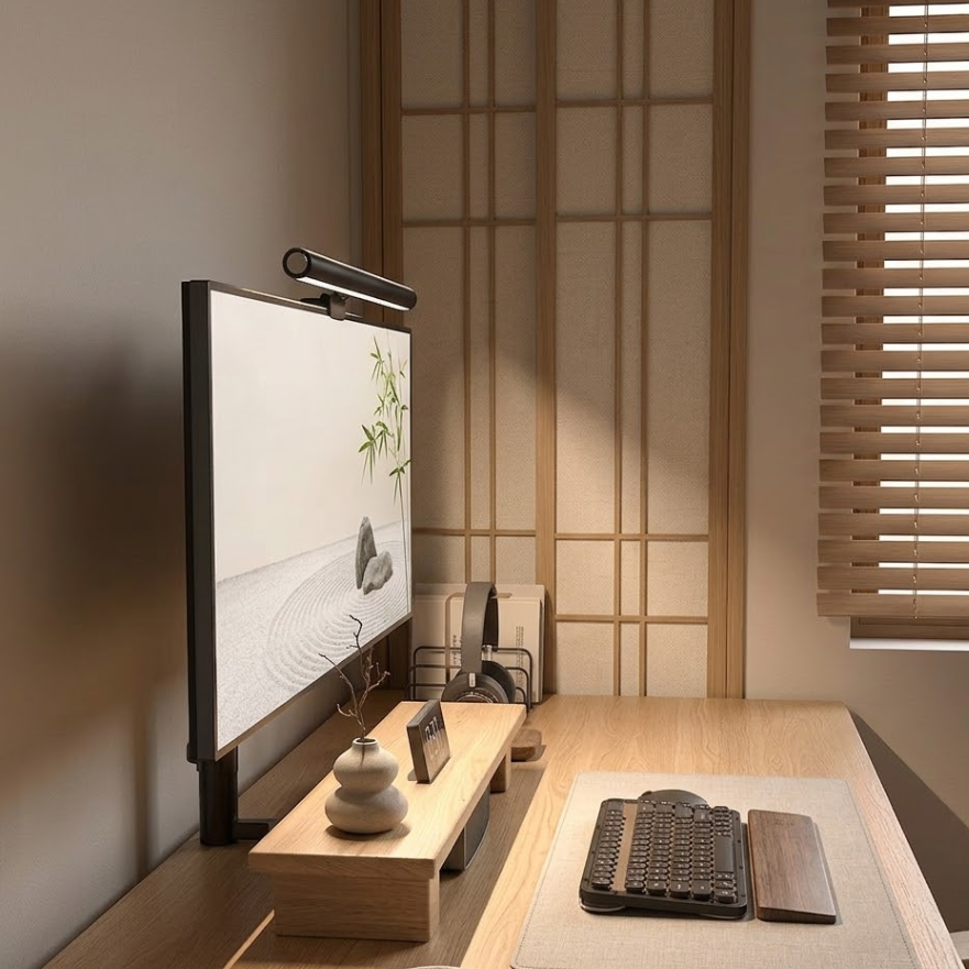 Modern home office with a large TV screen displaying nature-themed wallpaper, keyboard, and mouse on a desk.
