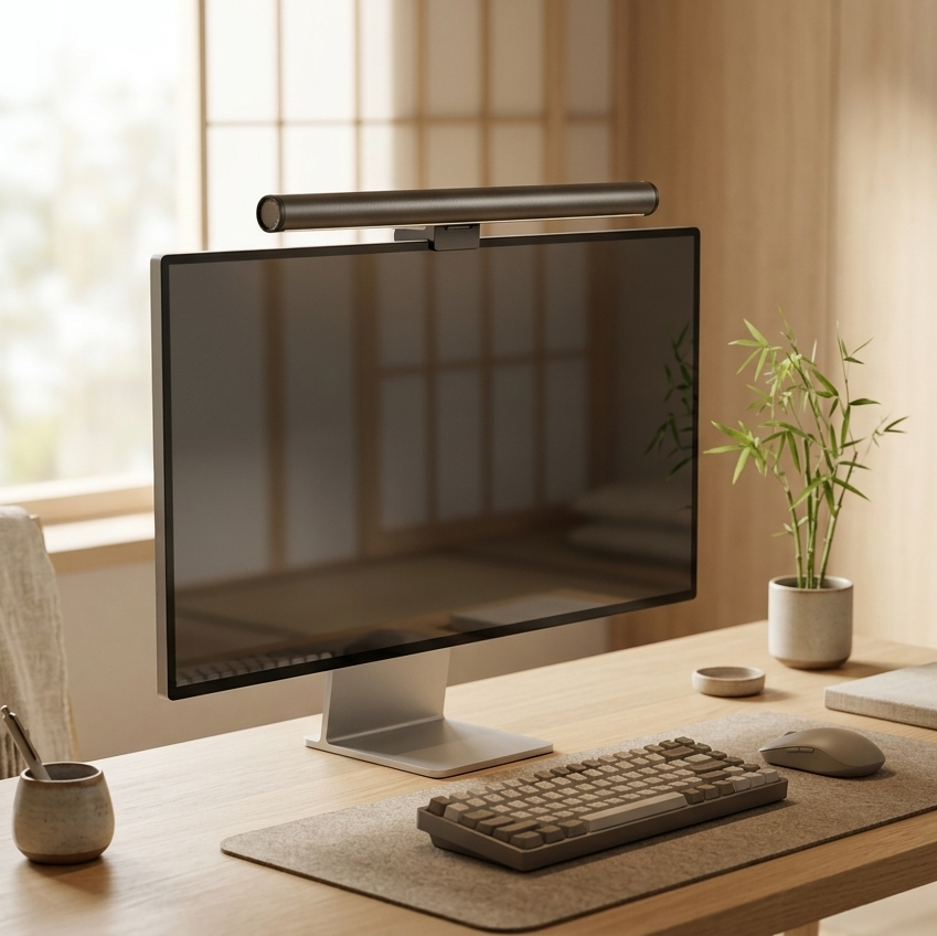 Modern desk setup with computer monitor, keyboard, and mouse on a wooden desk.