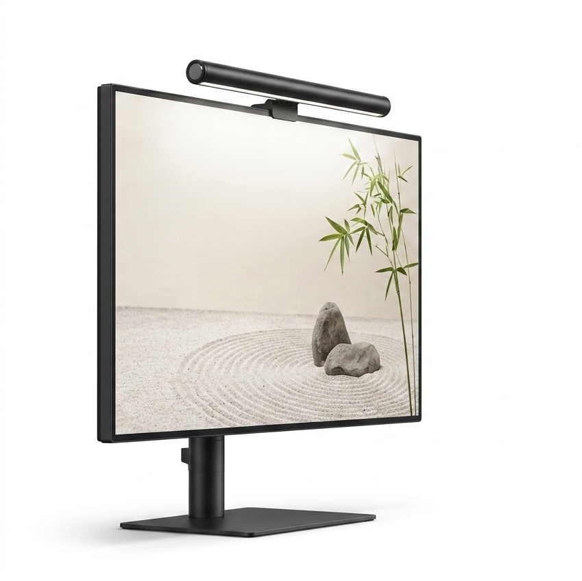 Monitor with a screen displaying a minimalist design of rocks and bamboo on a white background