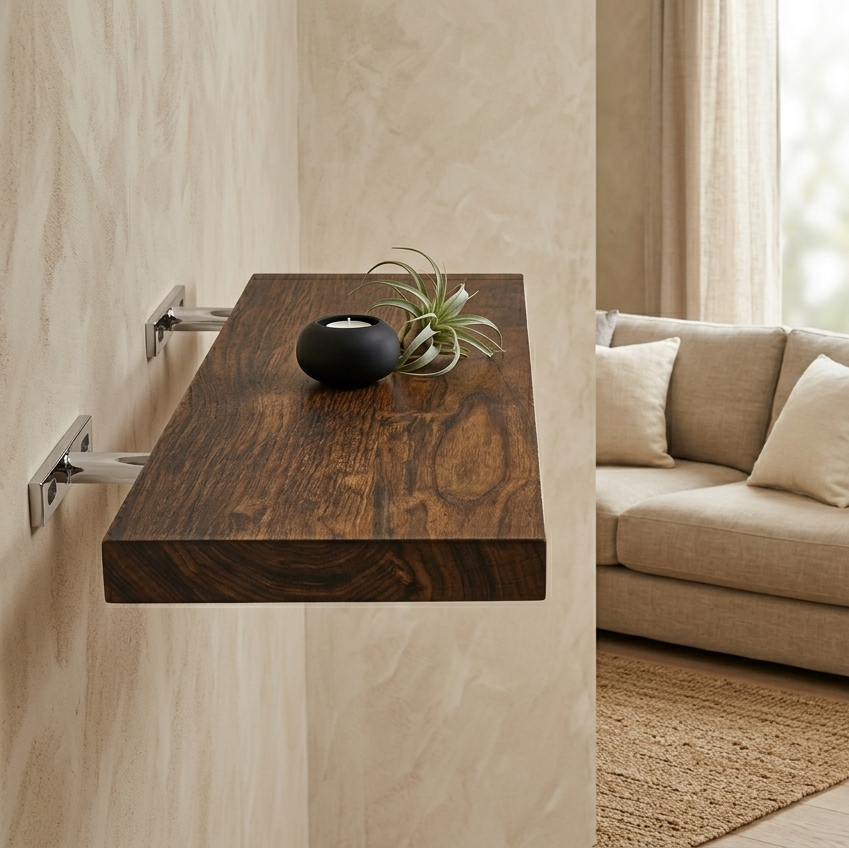 Modern living room with a beige sofa, wooden wall-mounted table, and decorative elements.