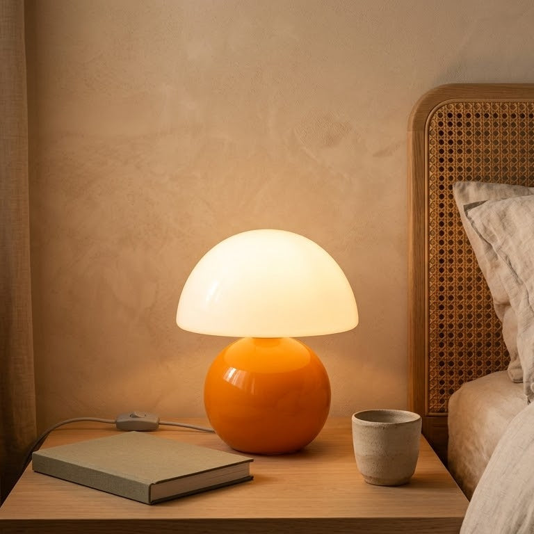 Opal Glass Mushroom Table Lamp on a bedside table beside a cane headboard and oatmeal linen bedding